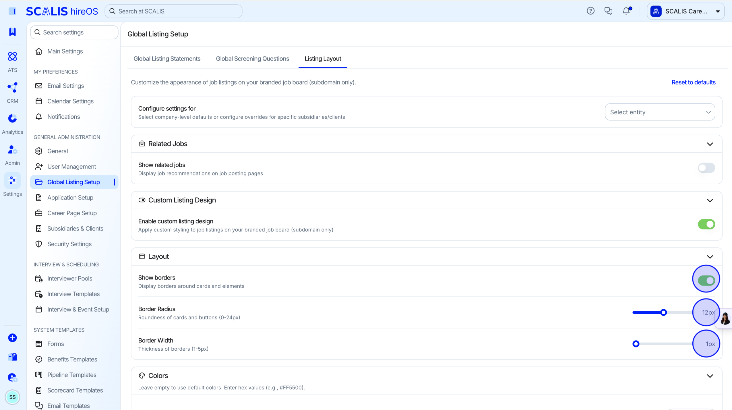 Border, roundness, and thickness layout settings