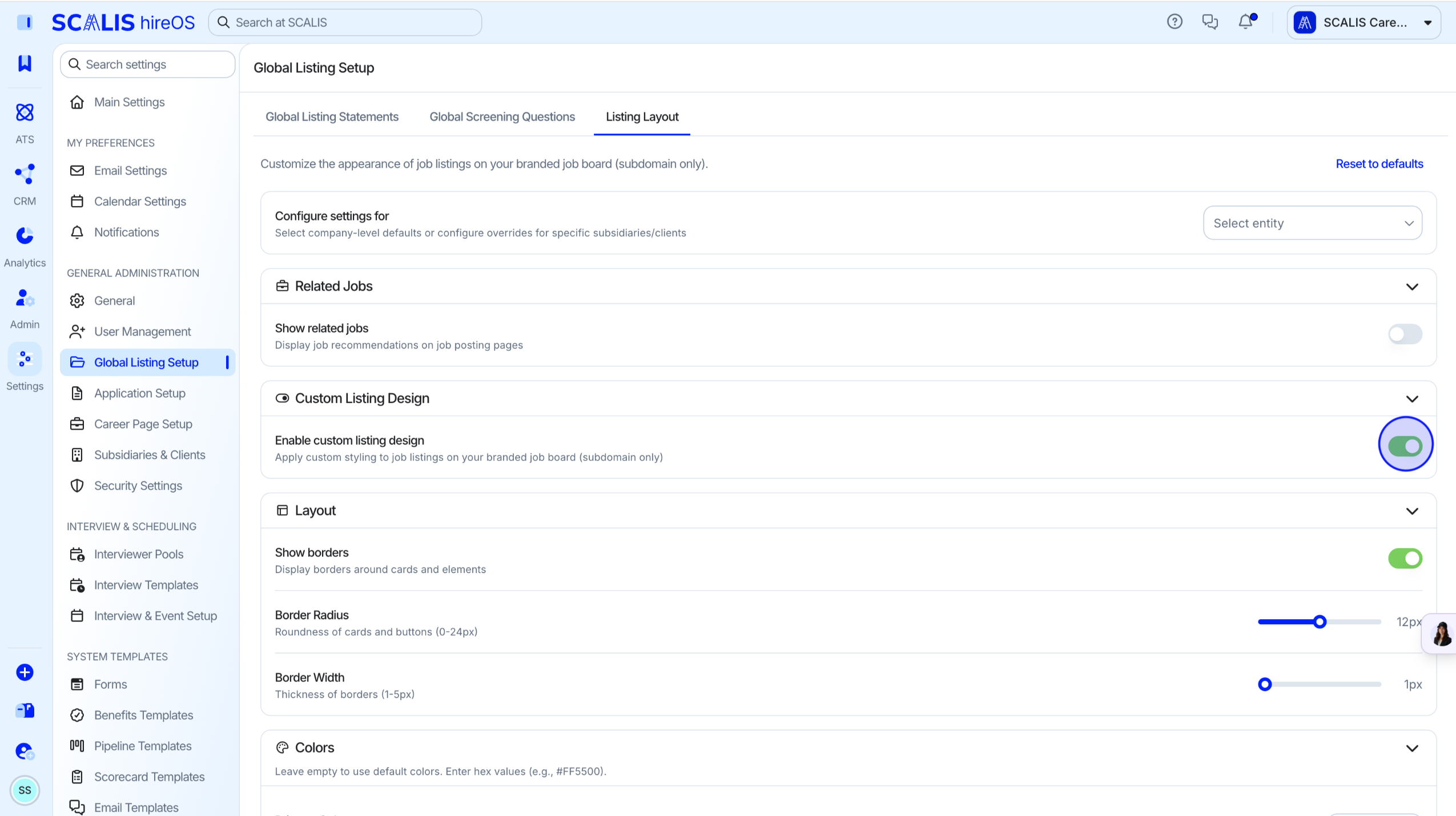 Customize Listing Design toggle