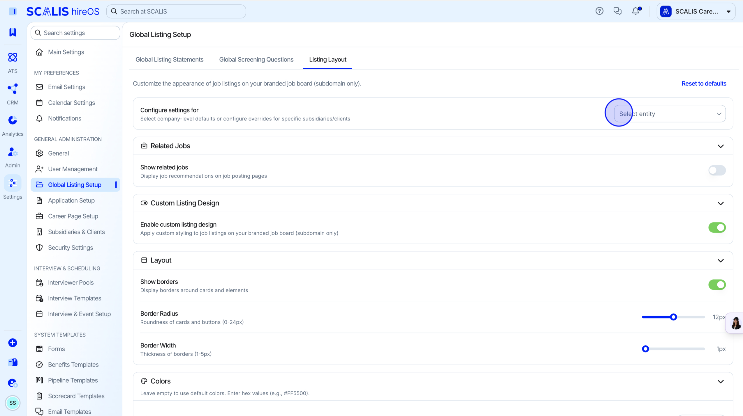 Entity selection for listing layout settings