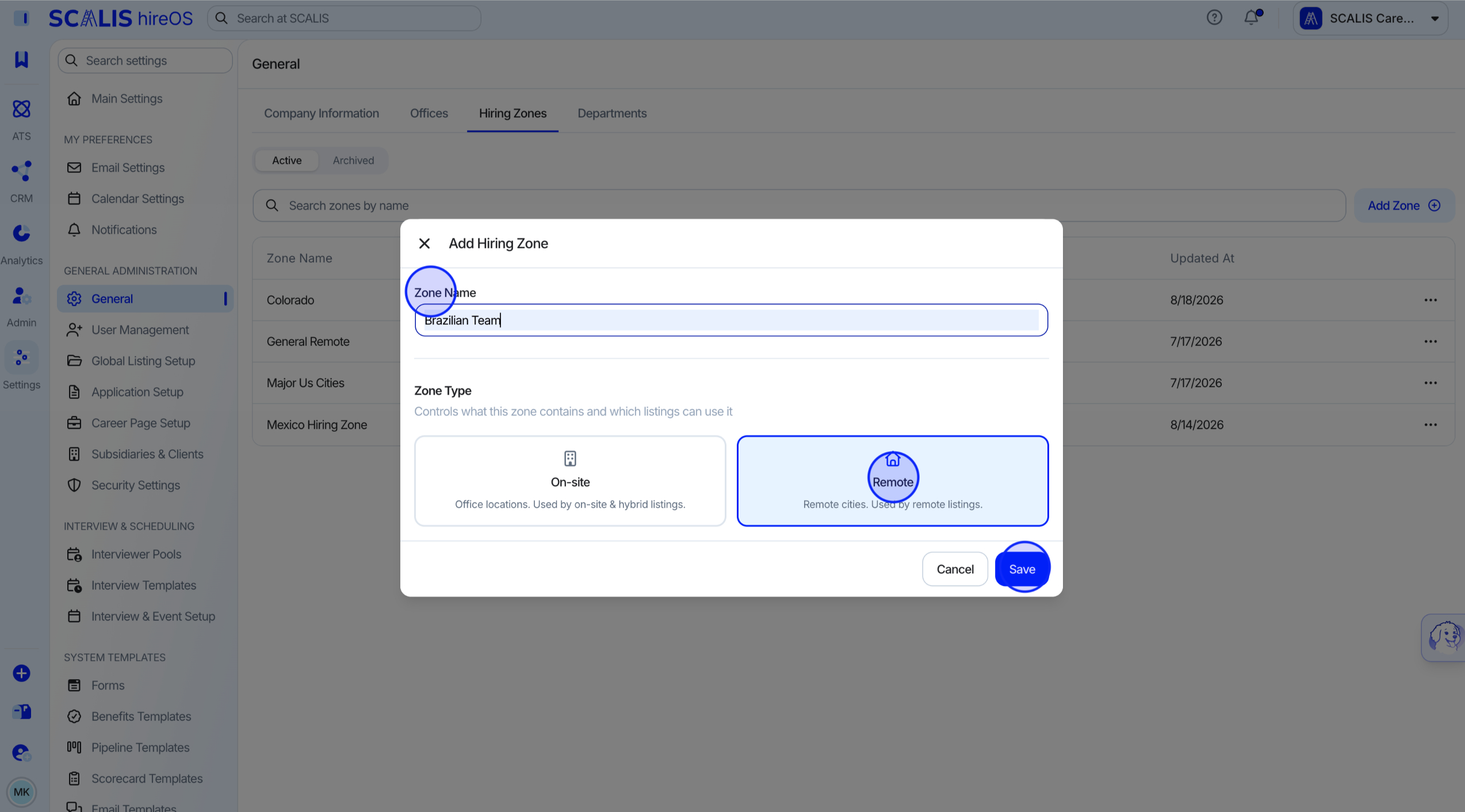 Add Zone panel with title field and On-Site/Remote toggle