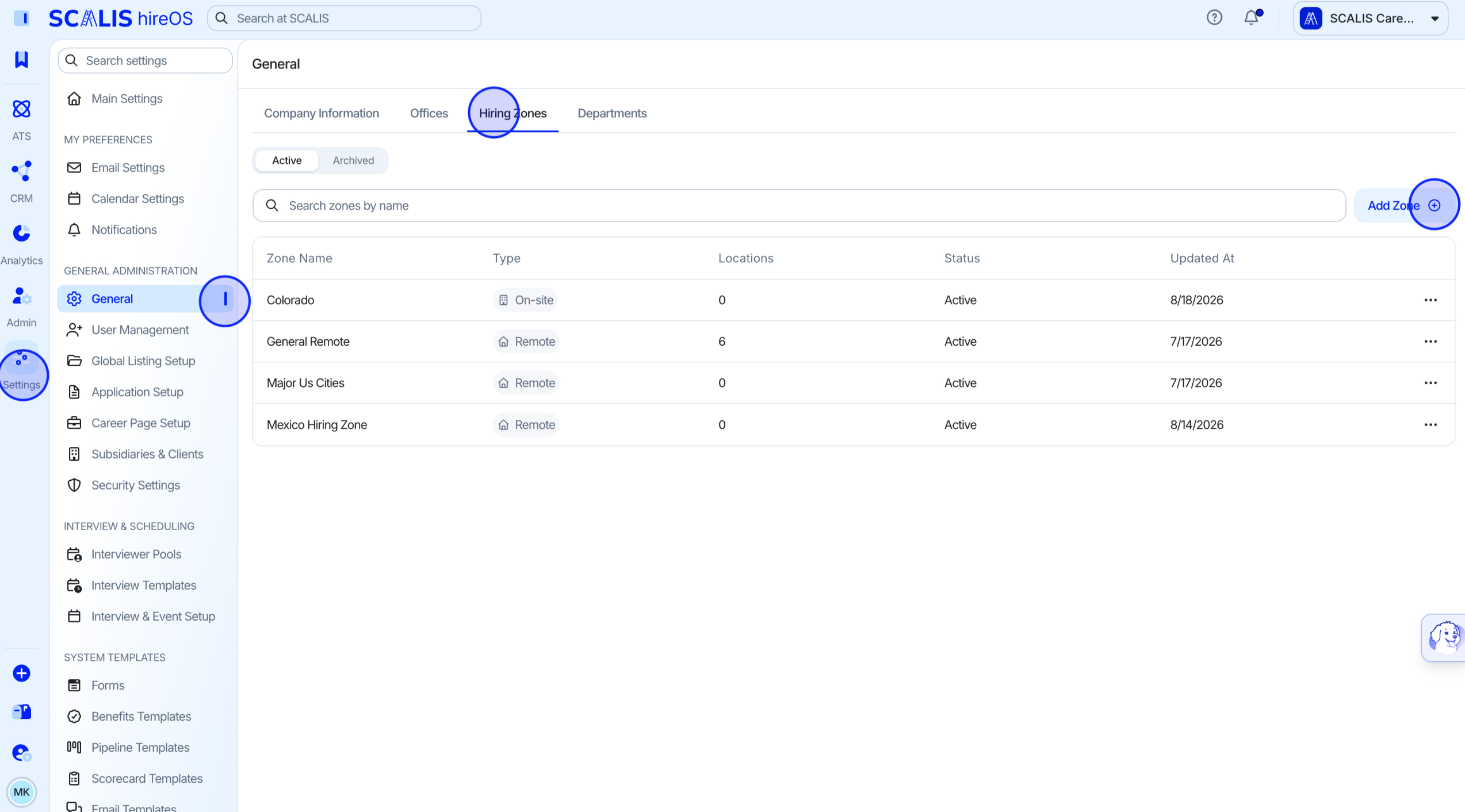 Settings menu with General and Hiring Zones highlighted