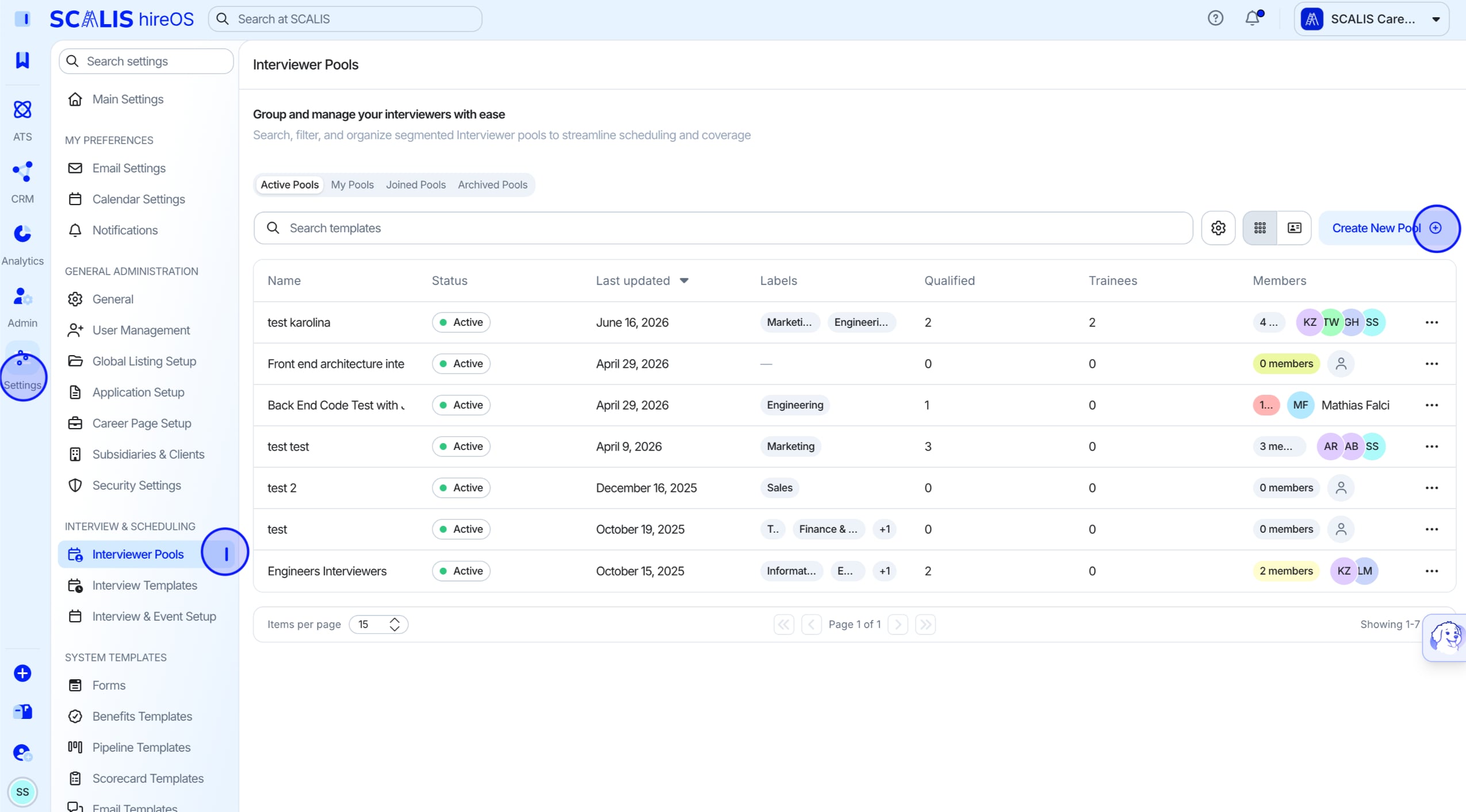 Interviewer Pools settings page with the Create New Pool button highlighted