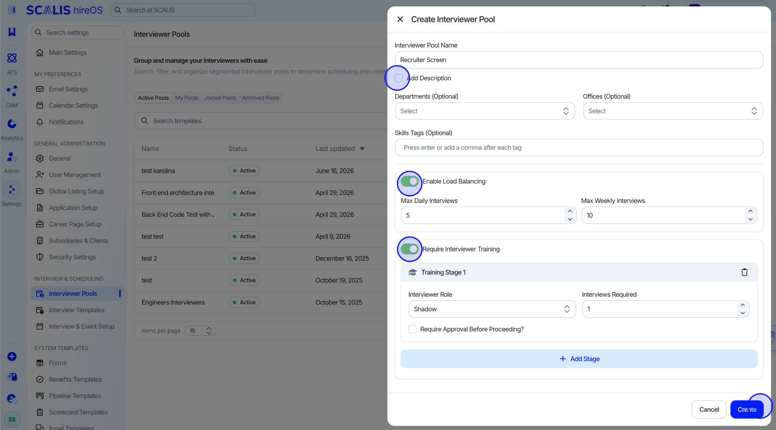 Configure Pool drawer showing Load Balancing and Interview Training options