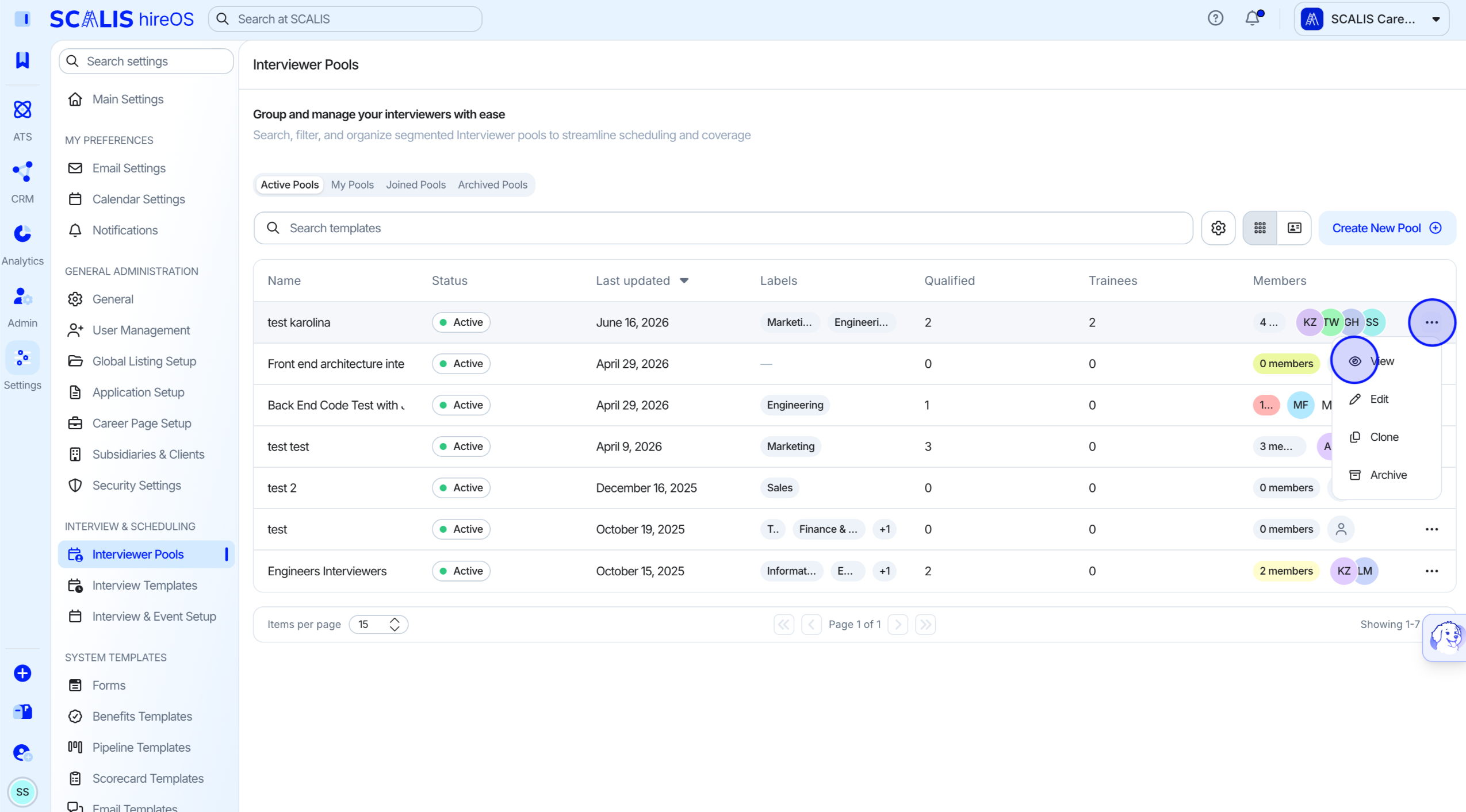 Interviewer Pools list with the ··· menu open showing the View option