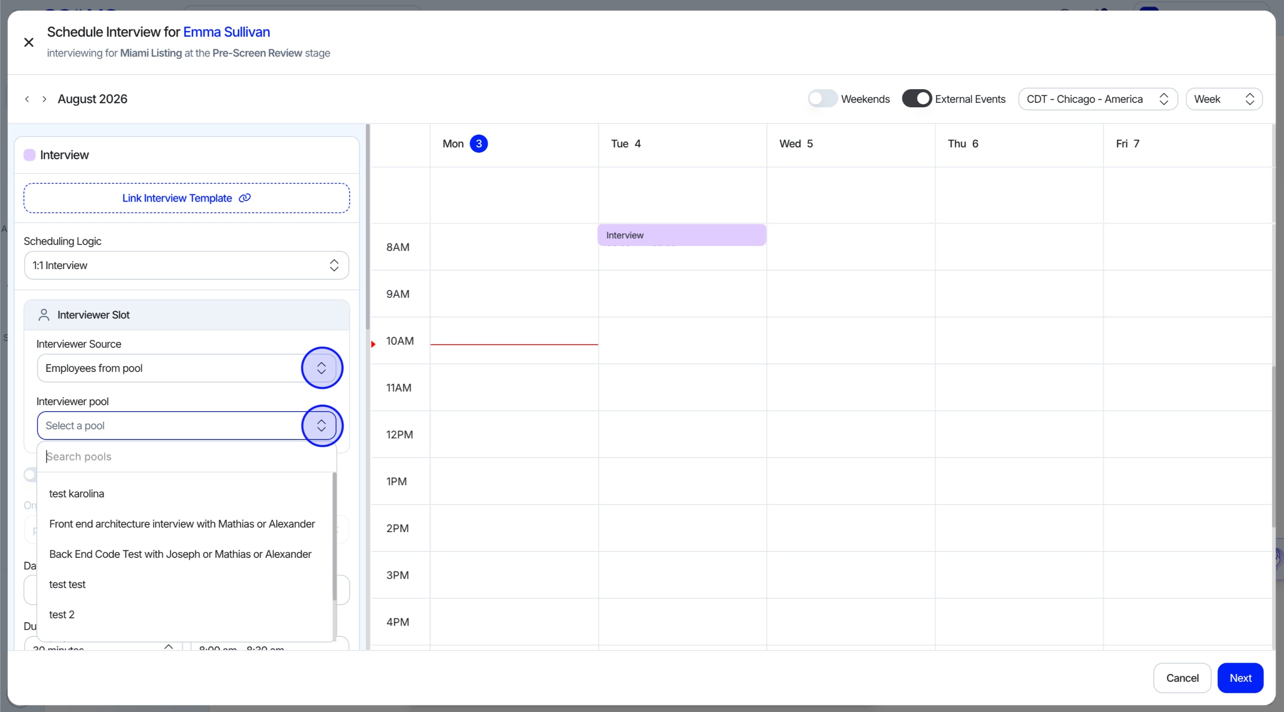 Scheduling flow showing SCALIS's recommended interviewer list for the selected pool