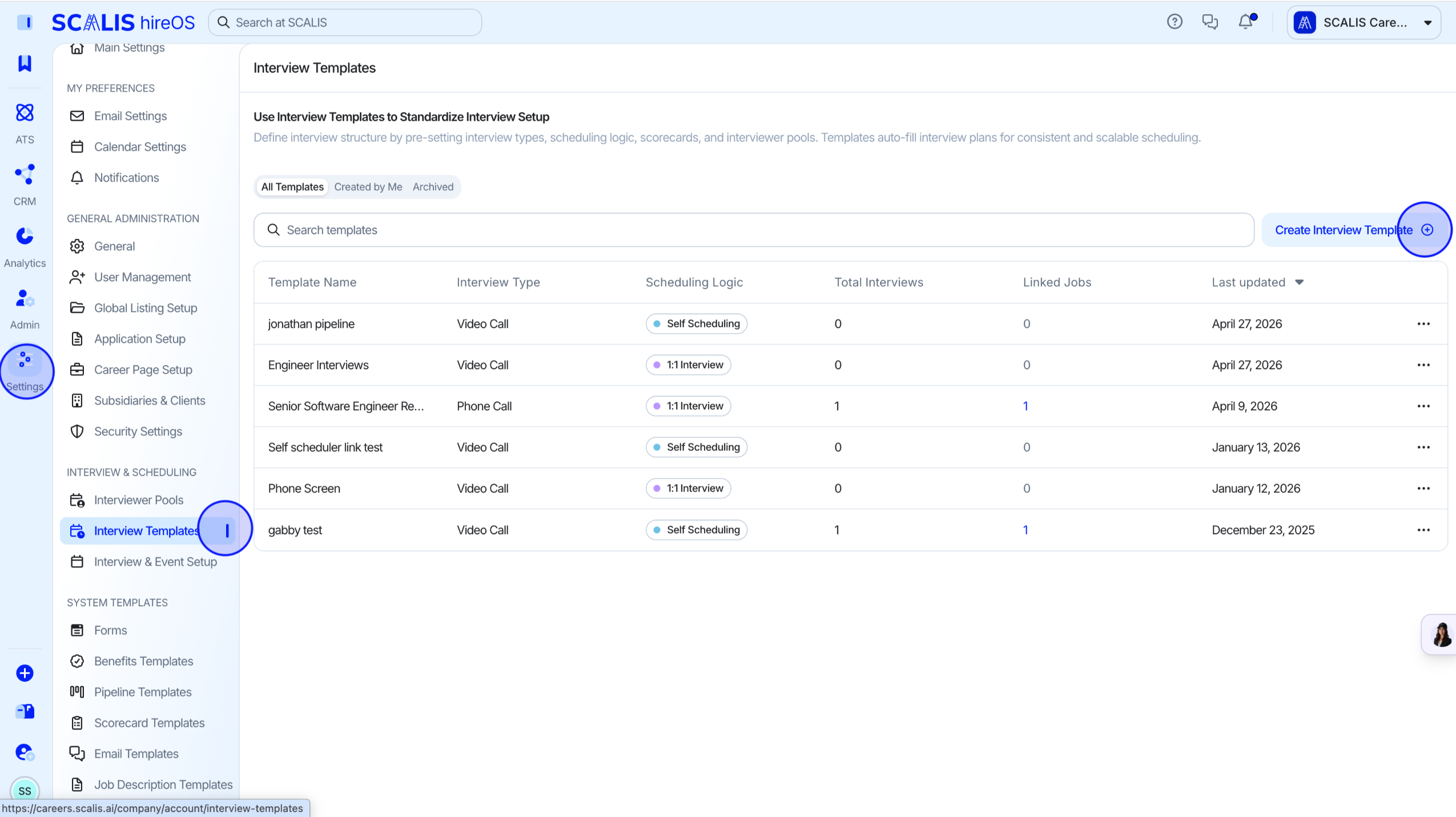 Navigating to the Interview Templates settings page