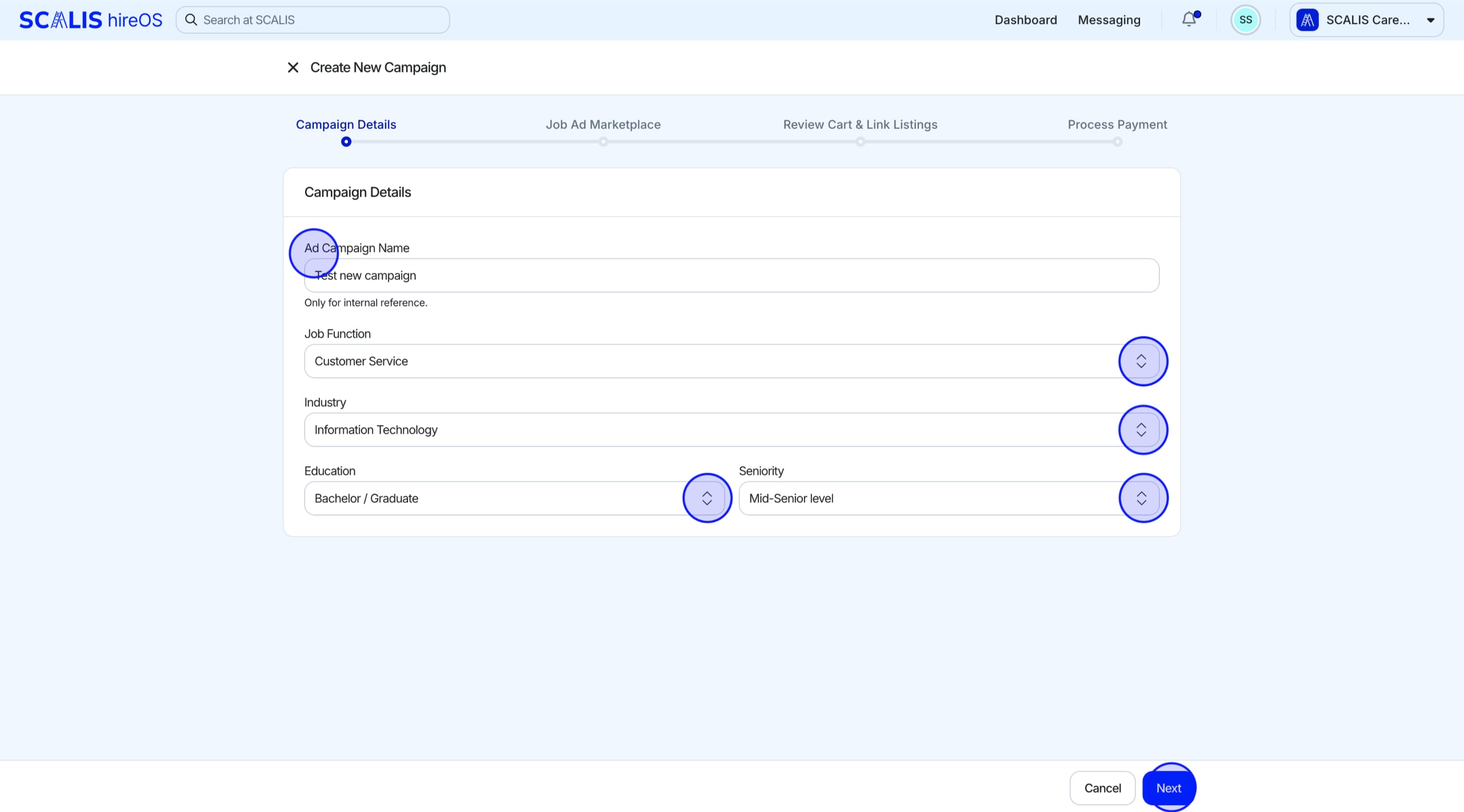 Campaign Details page with name and details fields