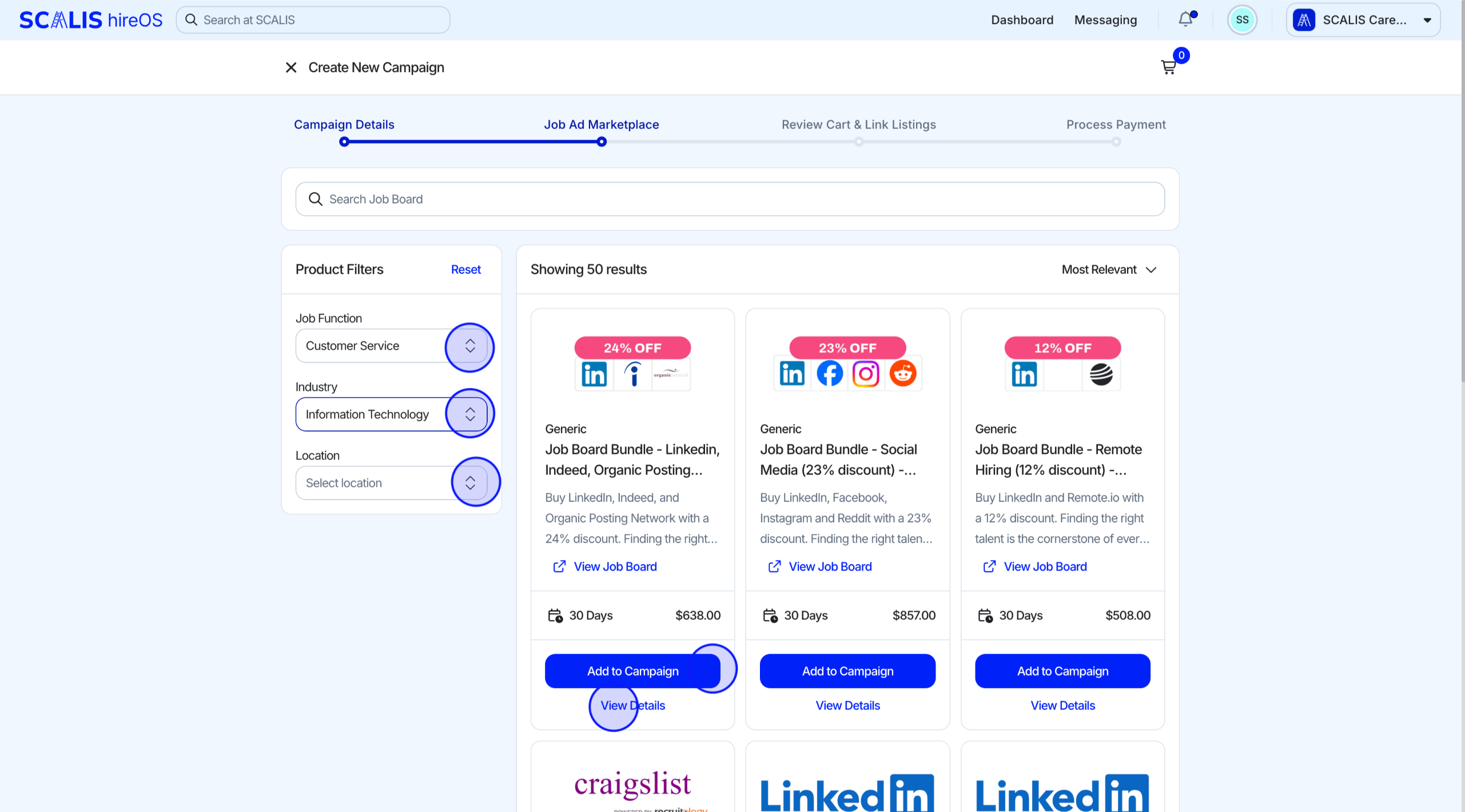 Job ad marketplace product listing with filters