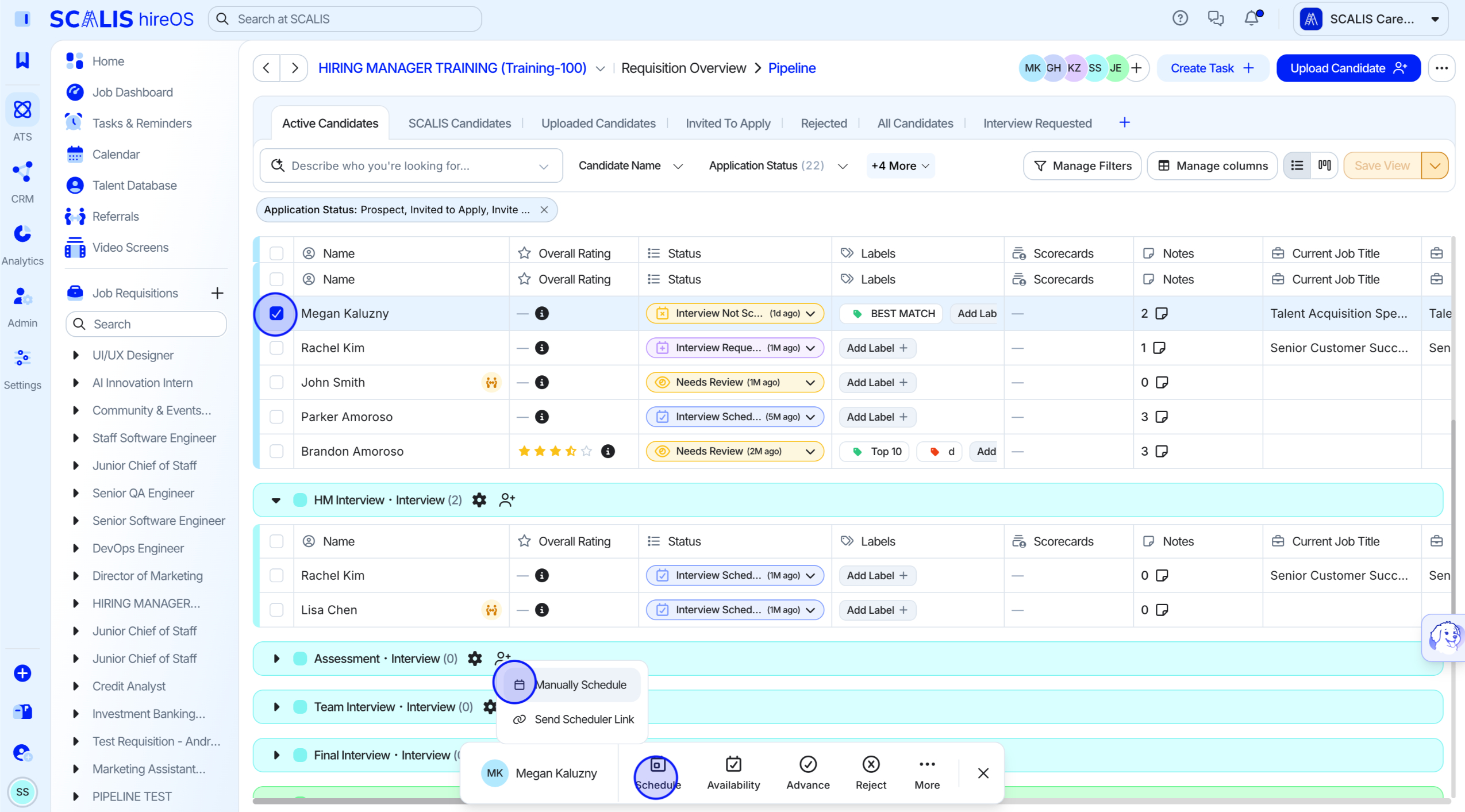 Job pipeline with a candidate profile selected