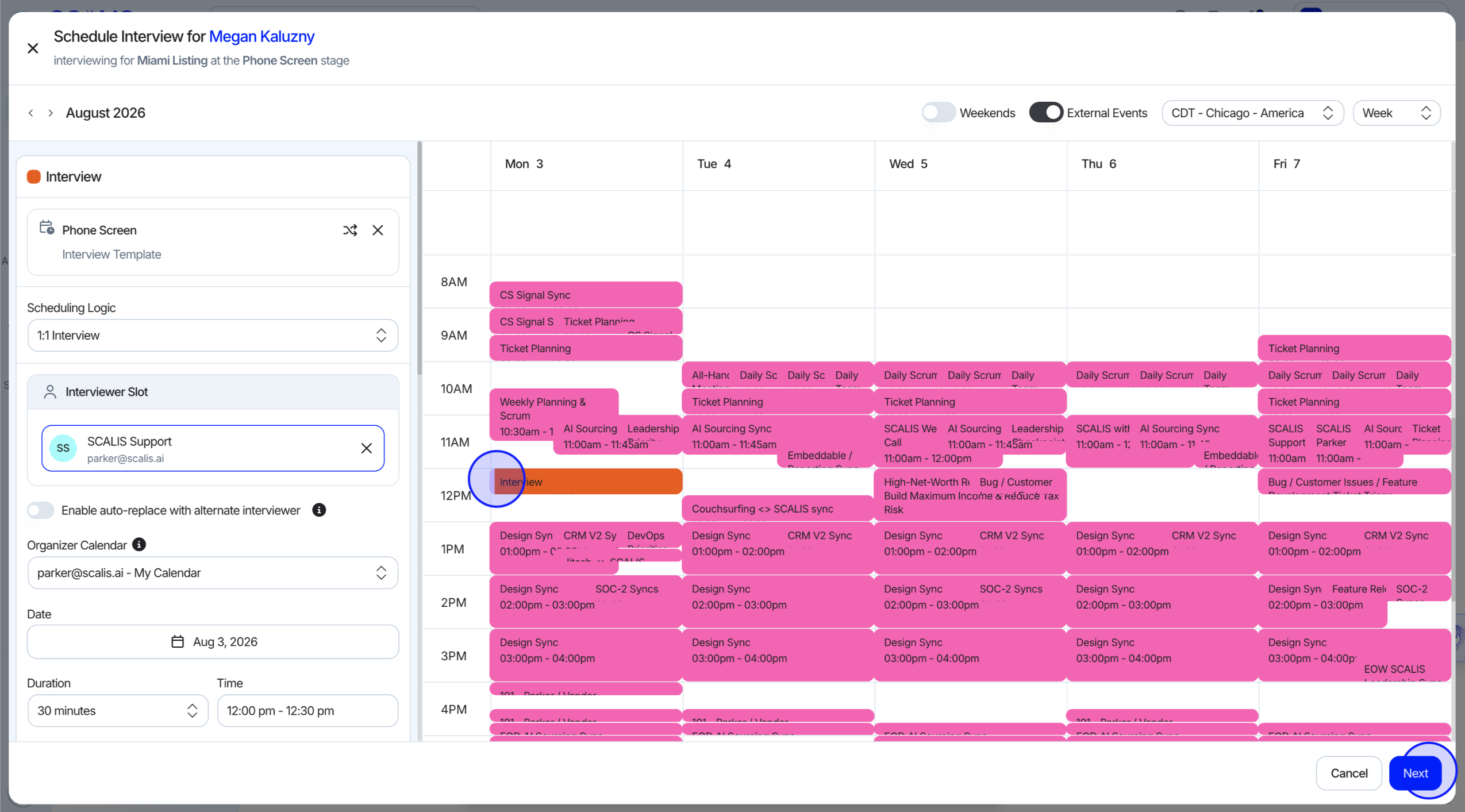Manually Schedule calendar view with interview detail fields