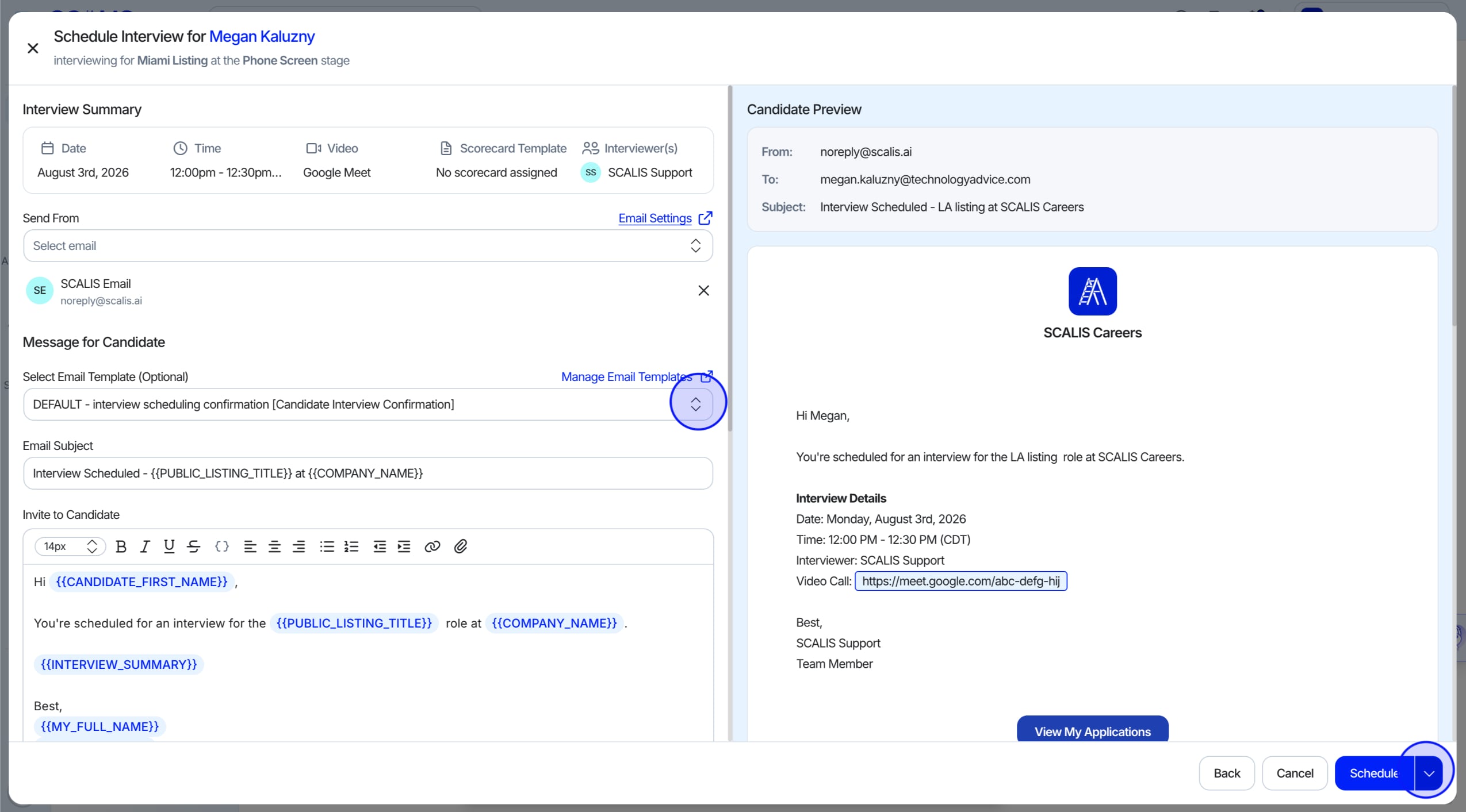 Interview invitation screen with separate message fields for interviewers and candidates