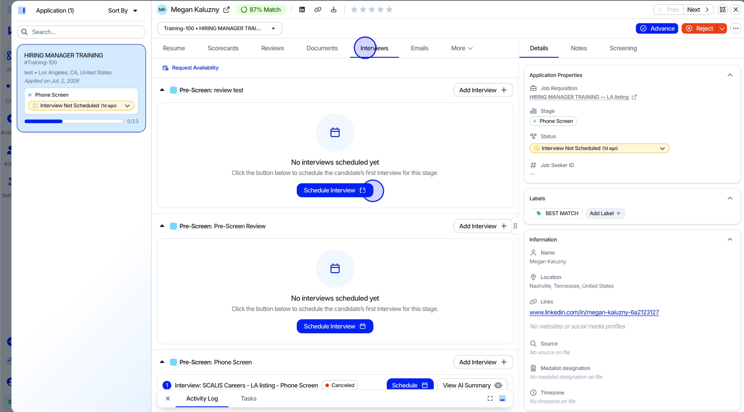 Interviews tab showing Schedule Interview and Manual Schedule options from the candidate profile