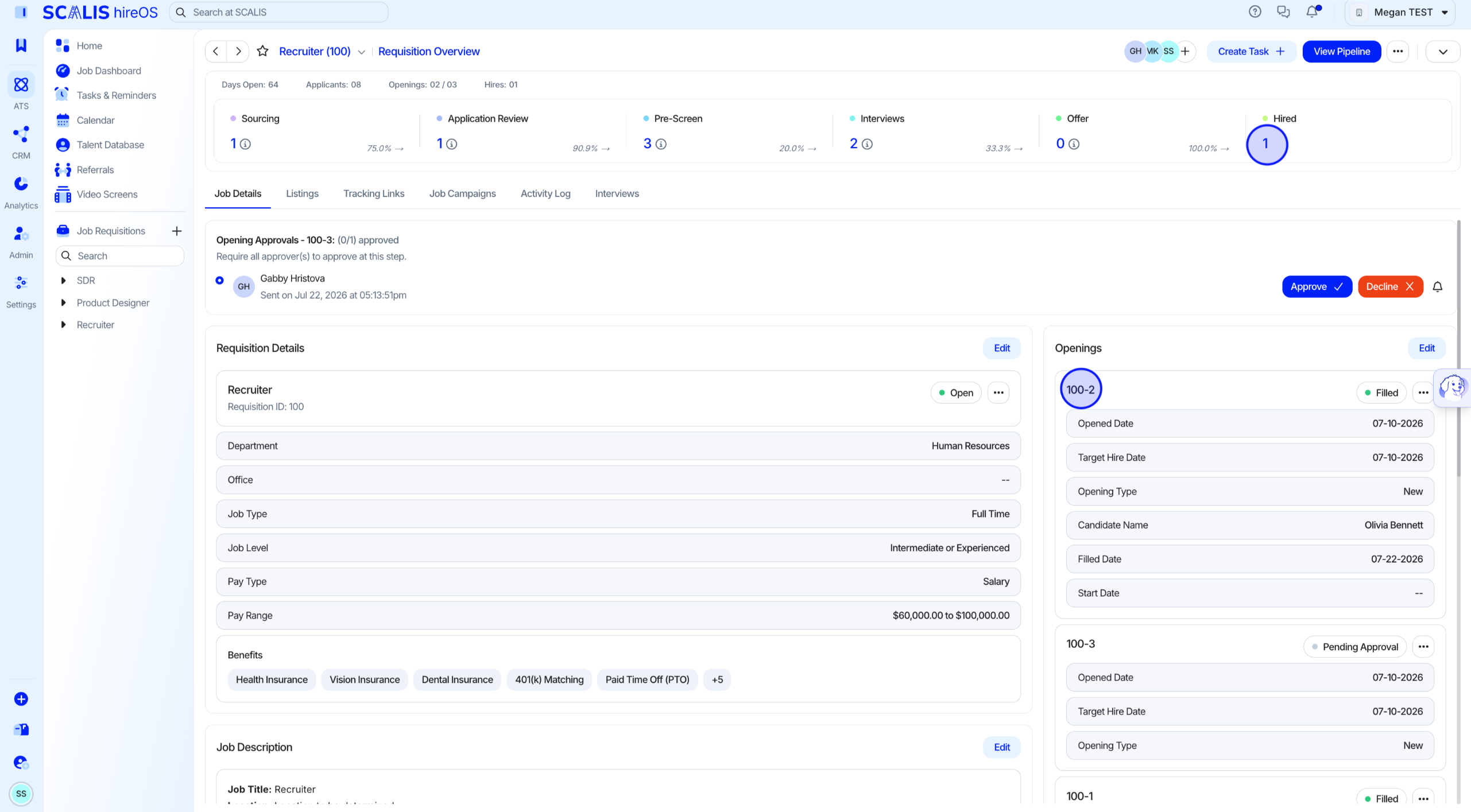 Job Requisition Overview page with openings list