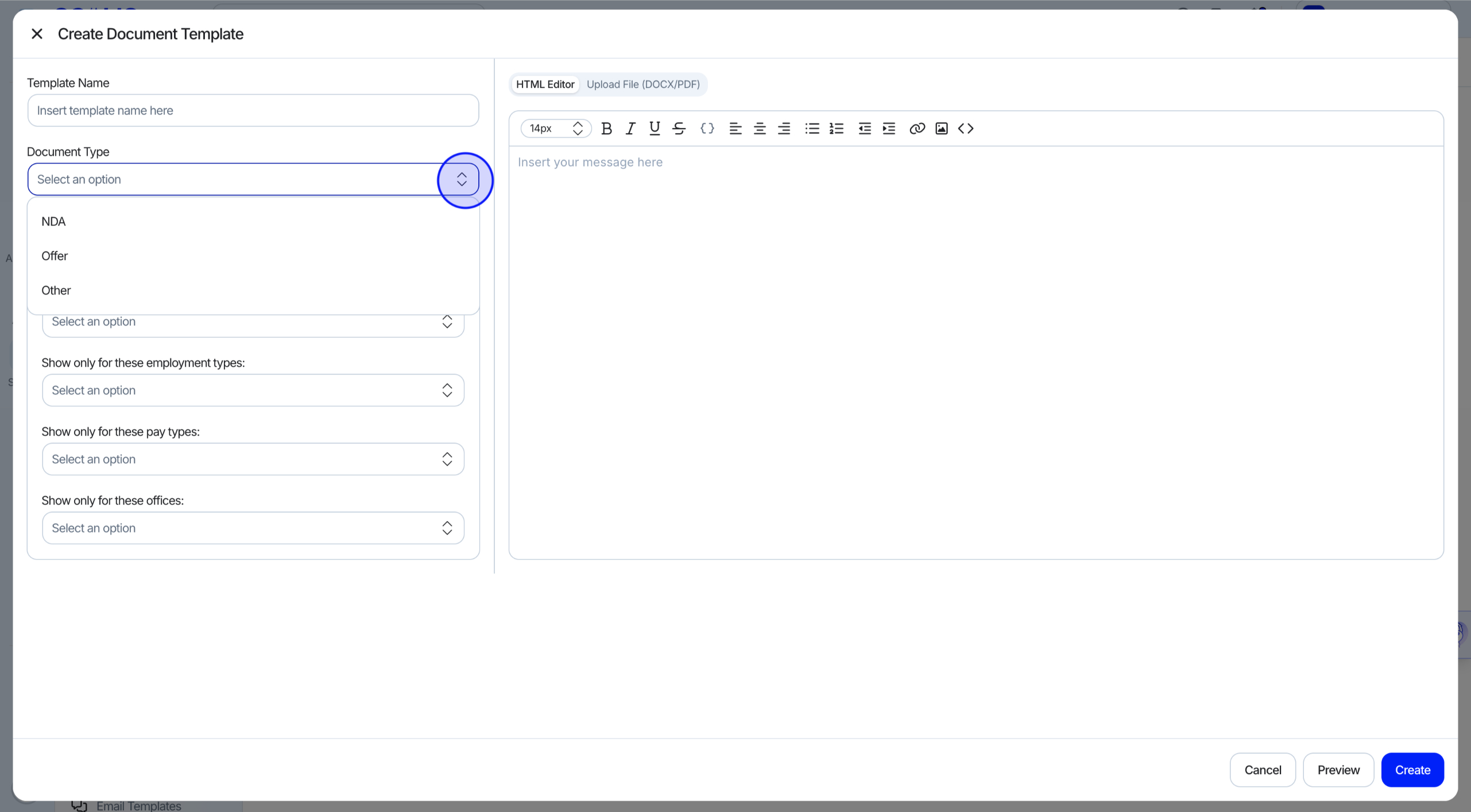 Selecting Offer as the template document type