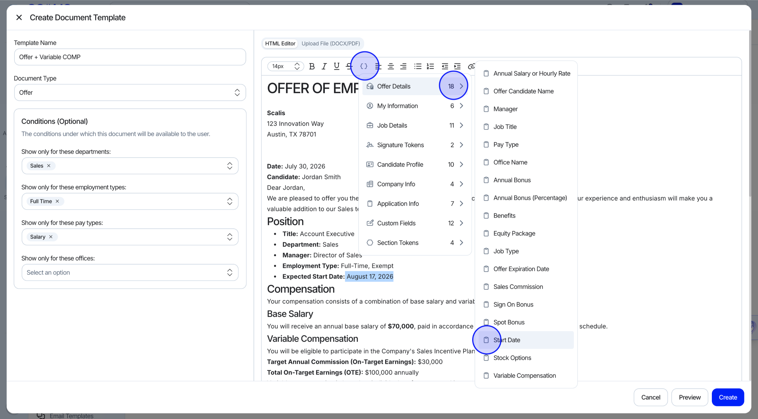 Offer letter editor with dynamic tokens inserted