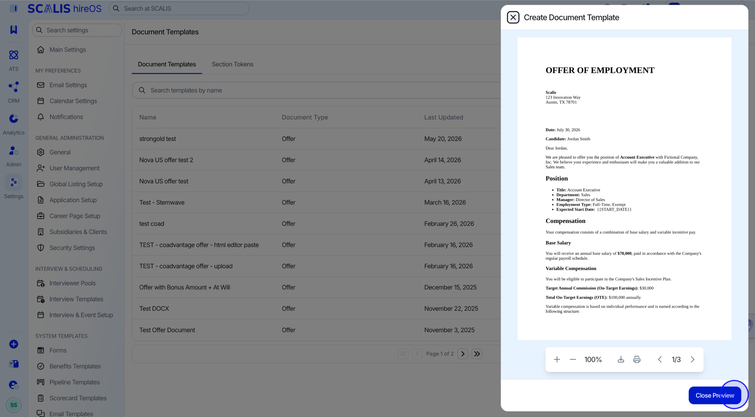 Offer document preview screen