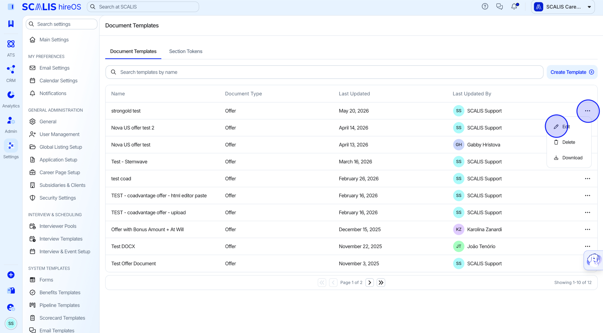 Ellipsis menu open on a template with Edit option visible