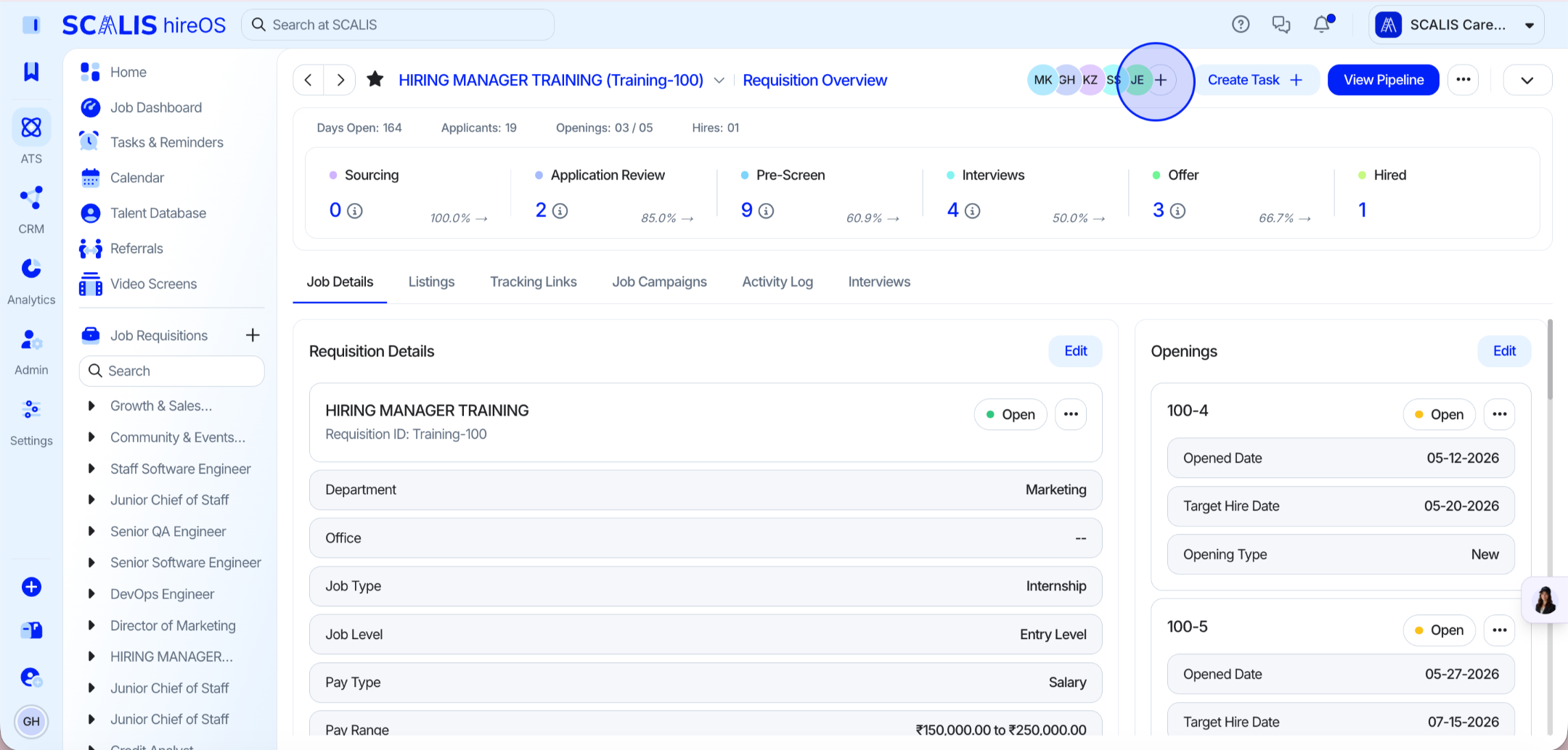 Add Hiring Team button in the top right of a job requisition