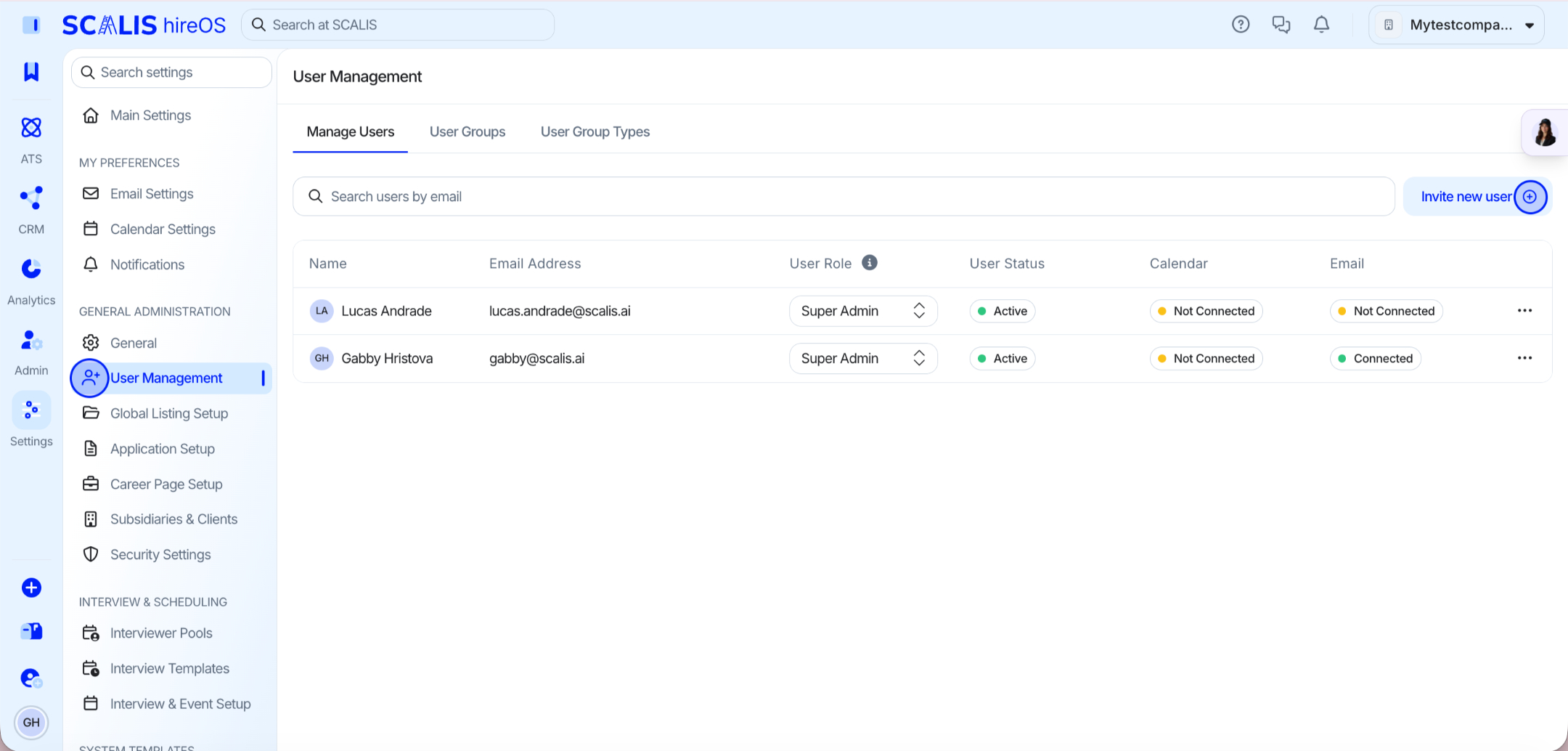 User Management screen showing the organization's users