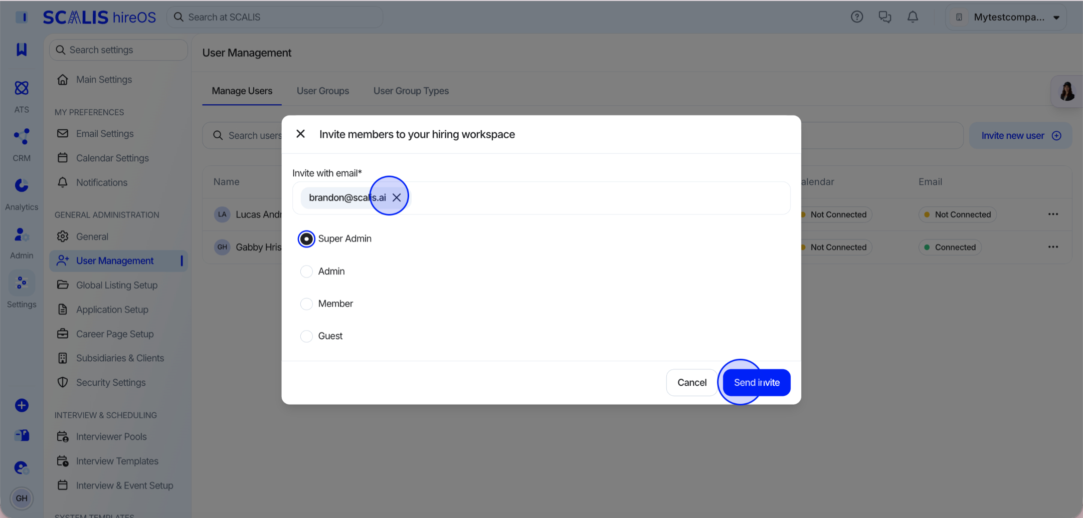 Invite new user pop-up window