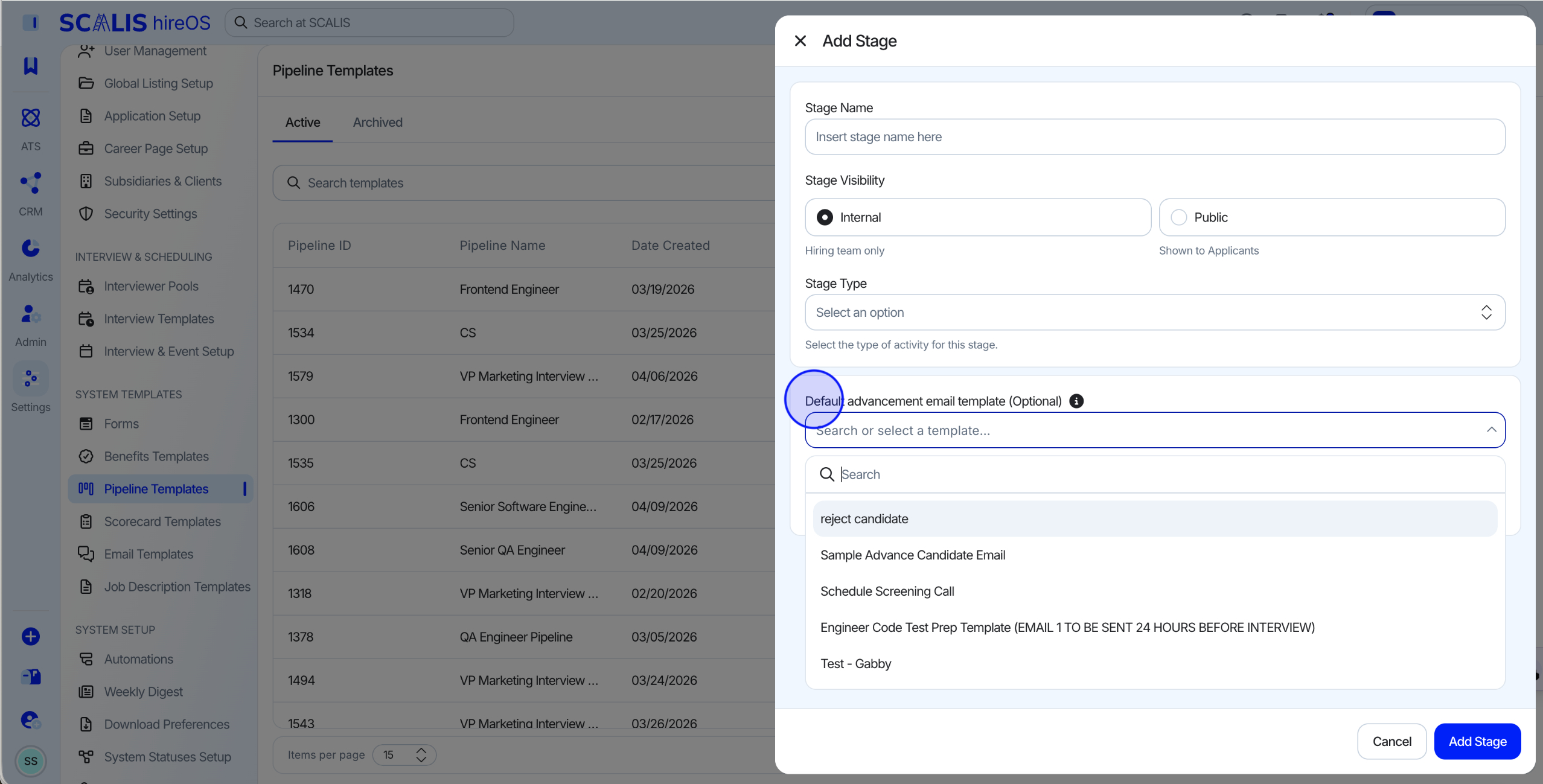 Adding an email template to a stage