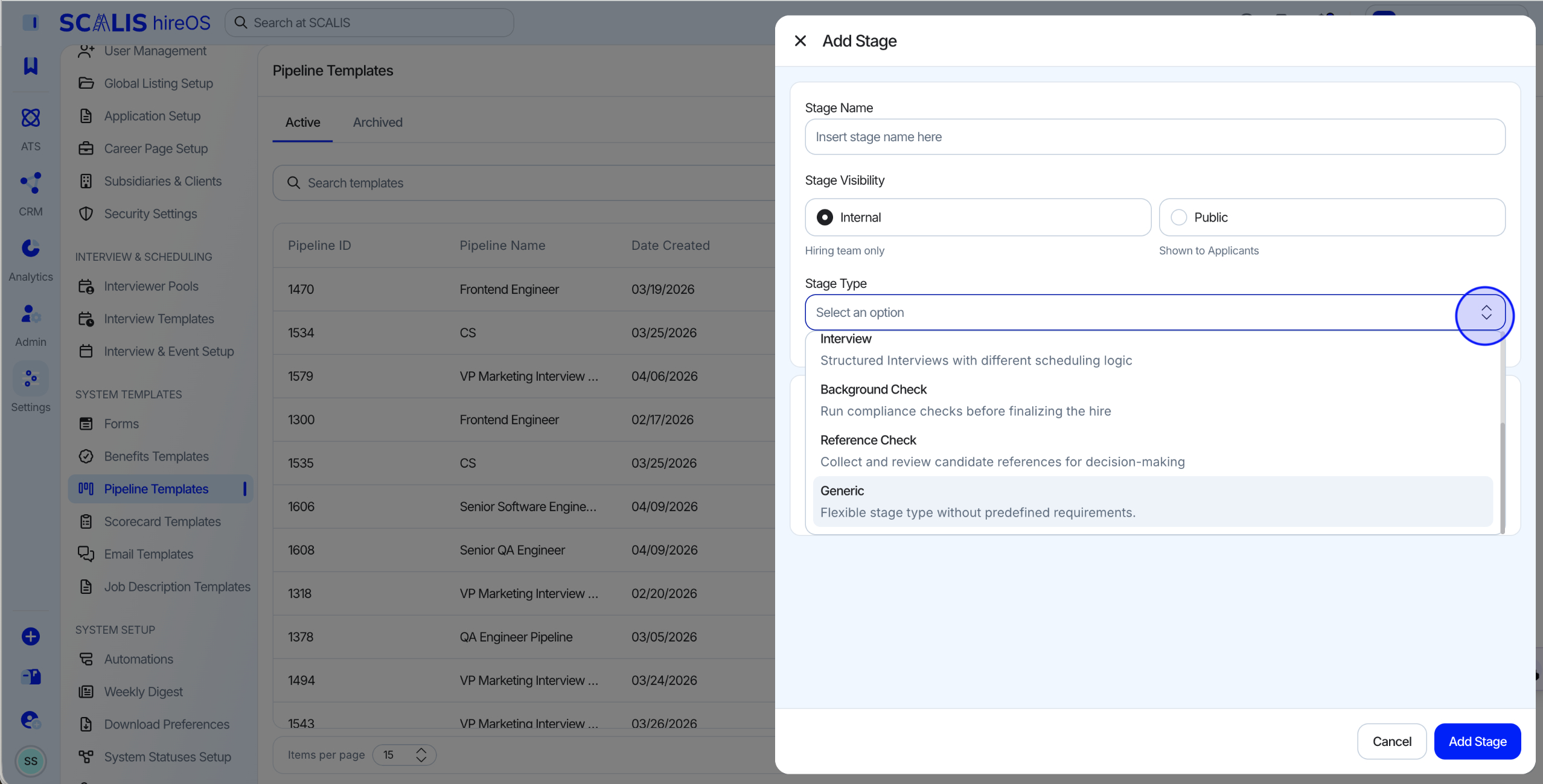 Opening the stage type dropdown