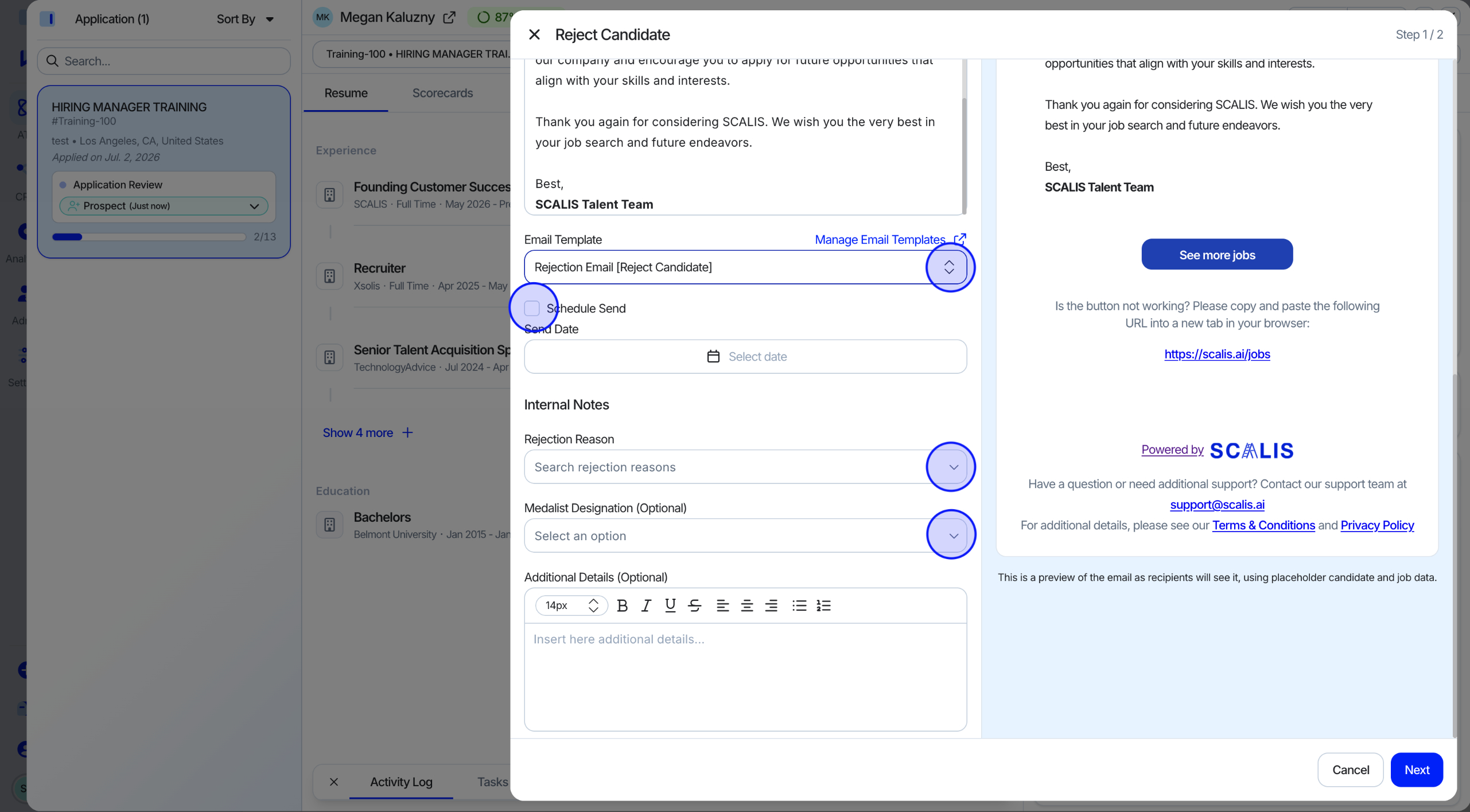 Optional ratings screen with Reject button