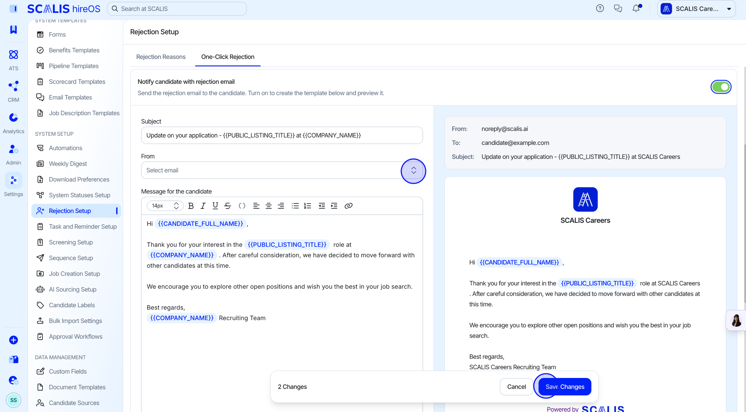 Selecting the rejection email sender and template, then saving