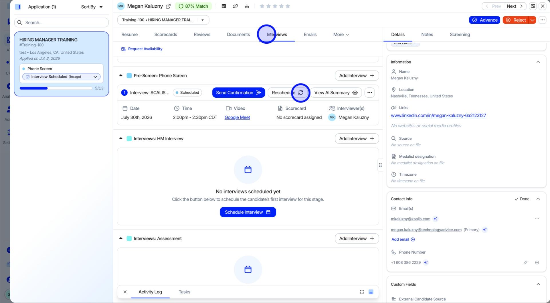 Interviews tab with Reschedule button highlighted