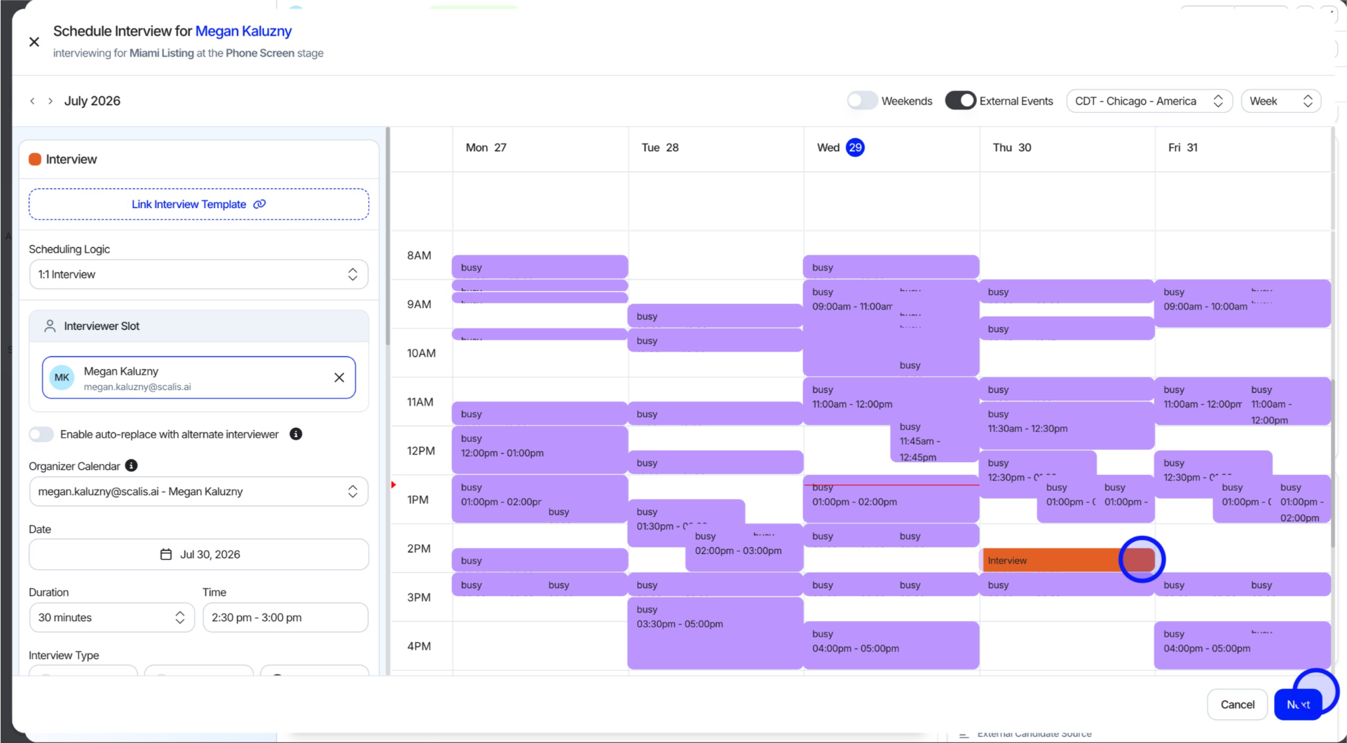 Reschedule drawer with time selection and Reschedule button
