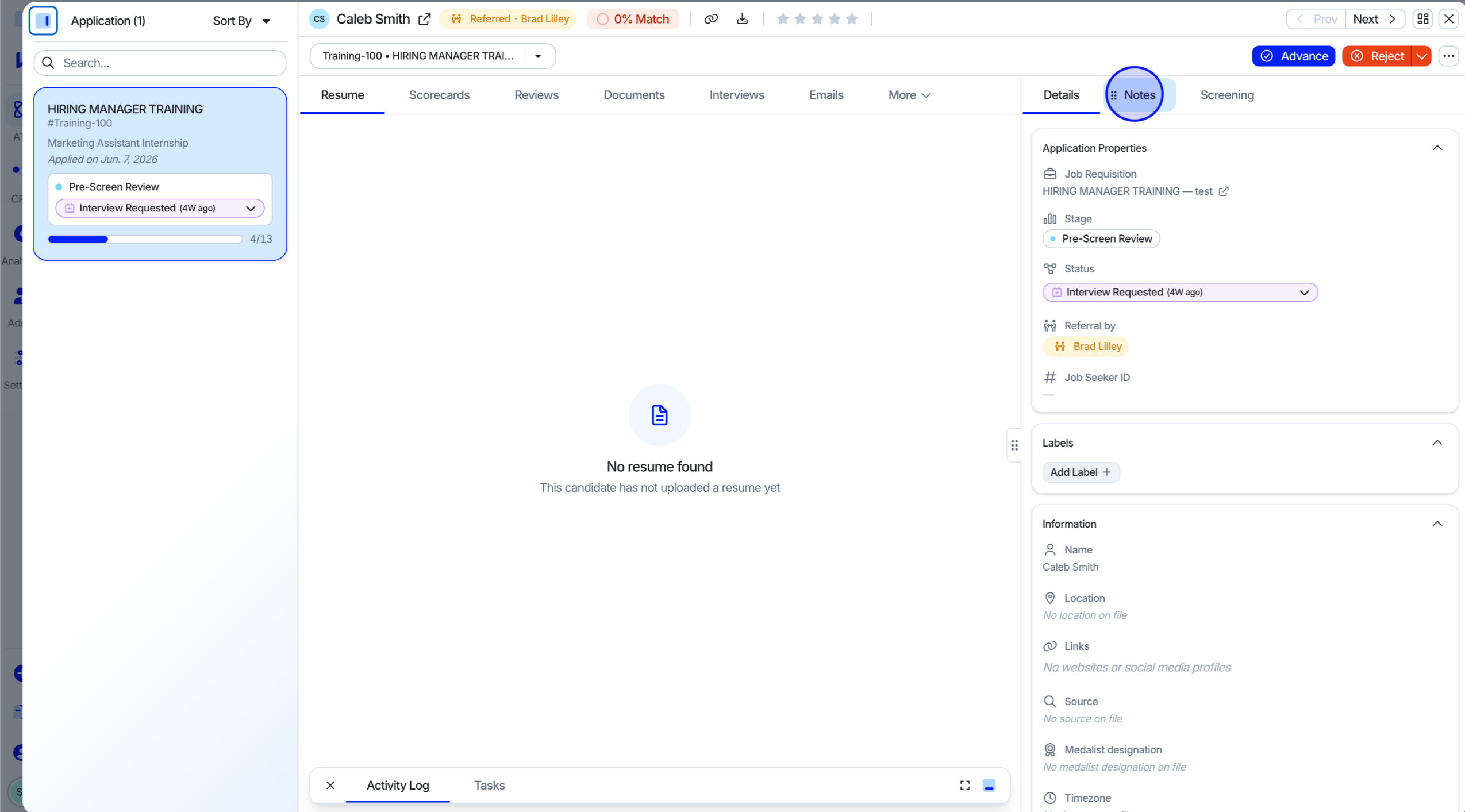 Notes tab on the candidate profile sidebar