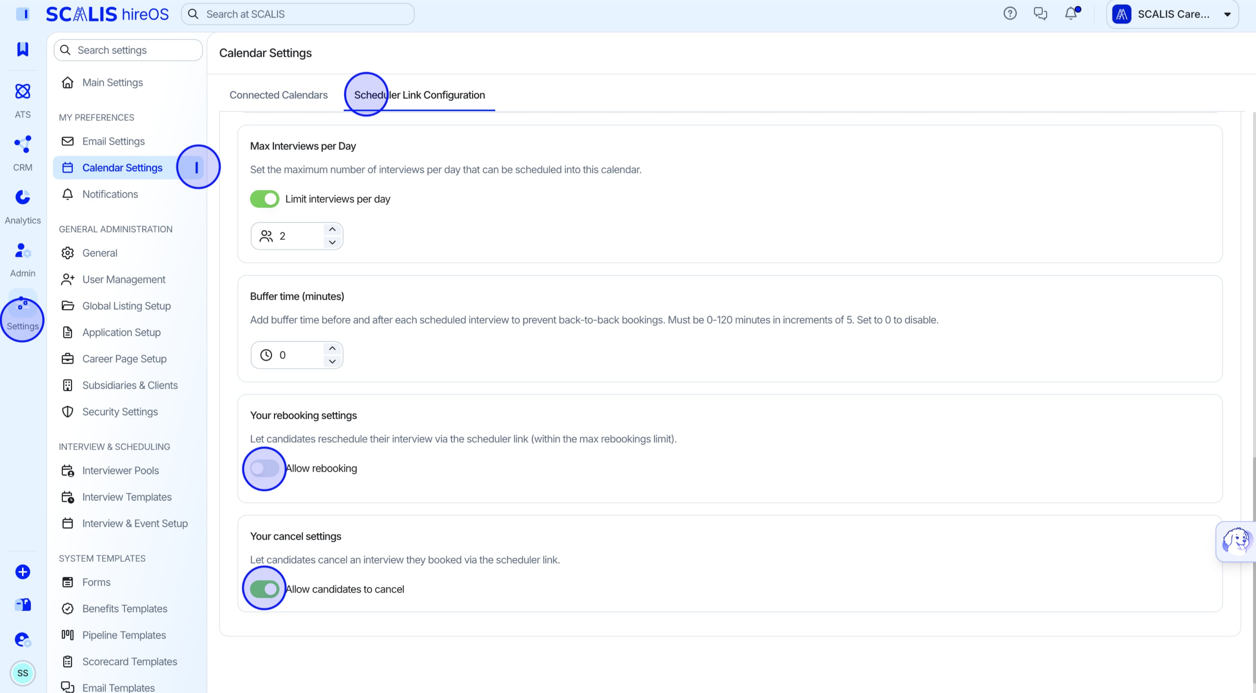 Scheduler Link configuration settings