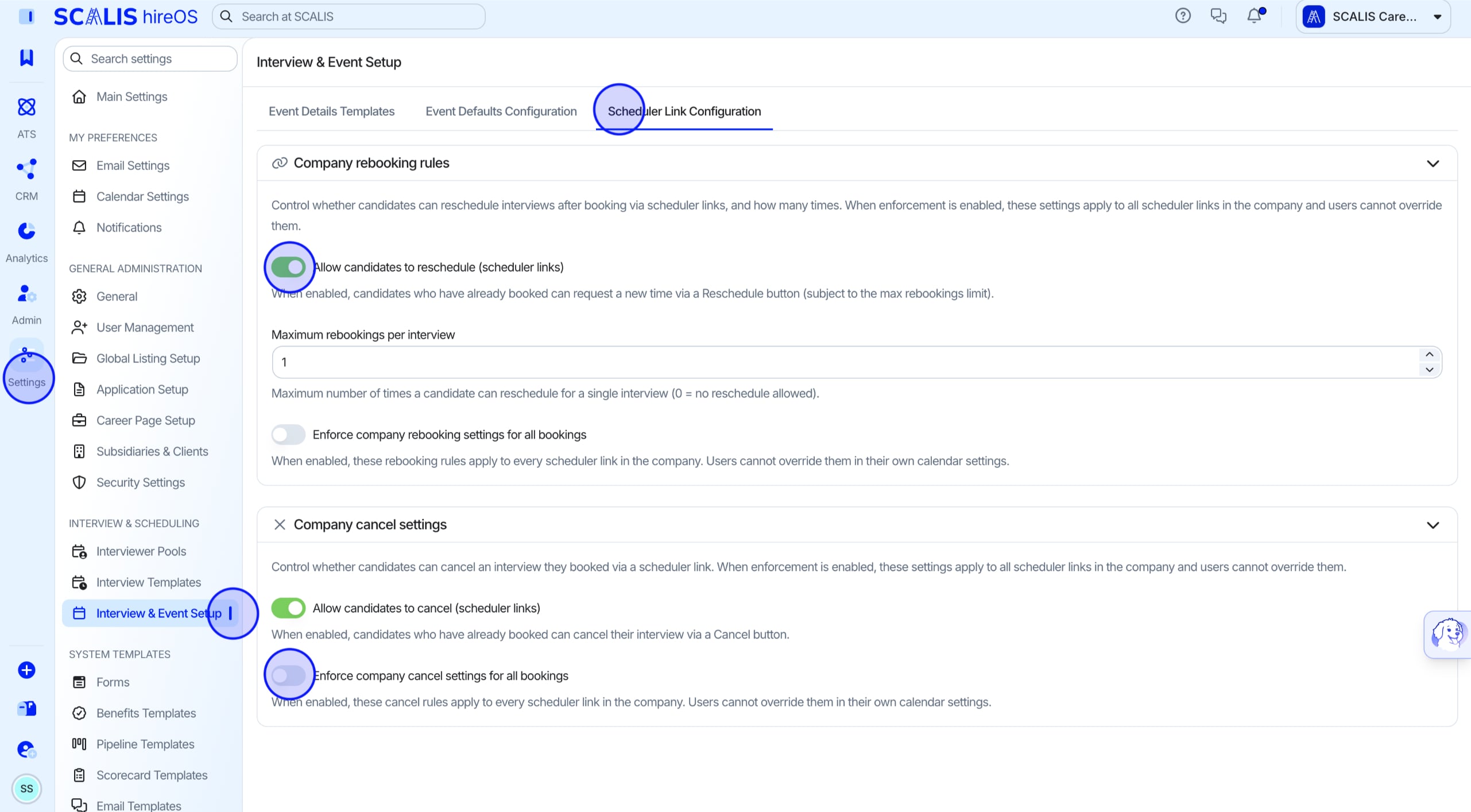 Organization-level rebooking and cancellation settings