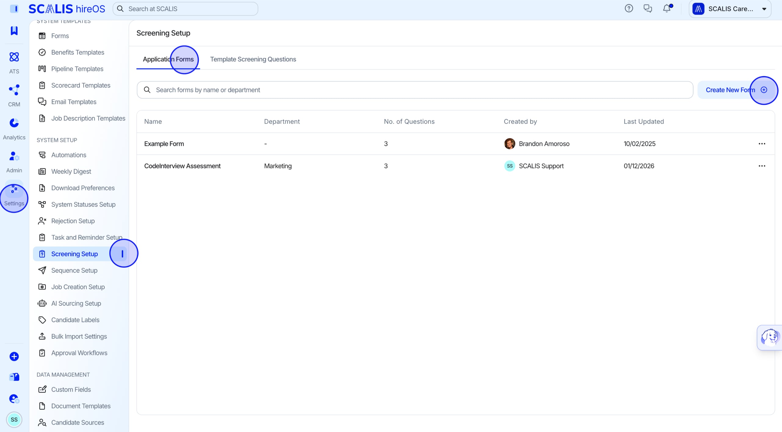 Application Forms tab with Create New Form button