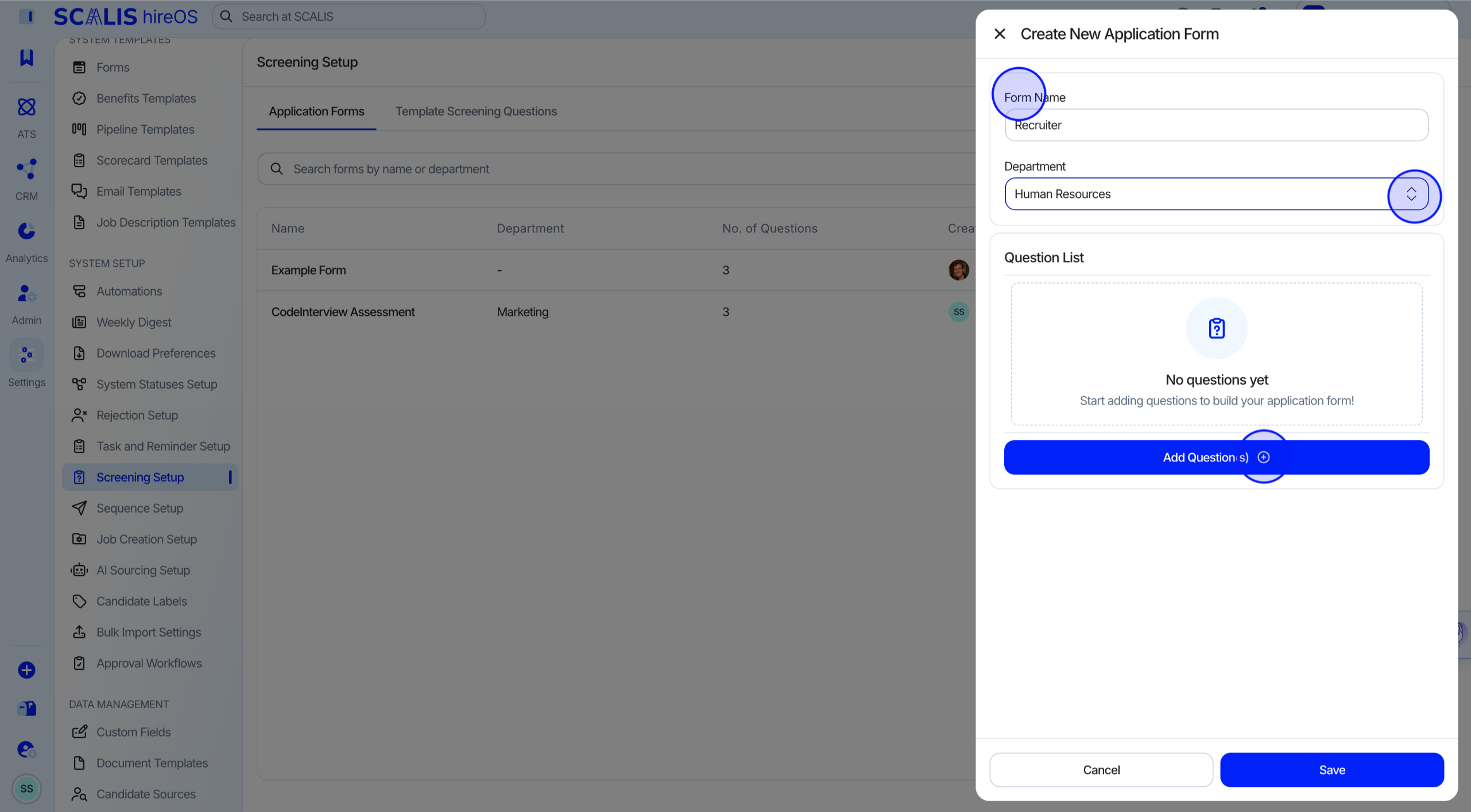 New application form fields for Form Name and Department