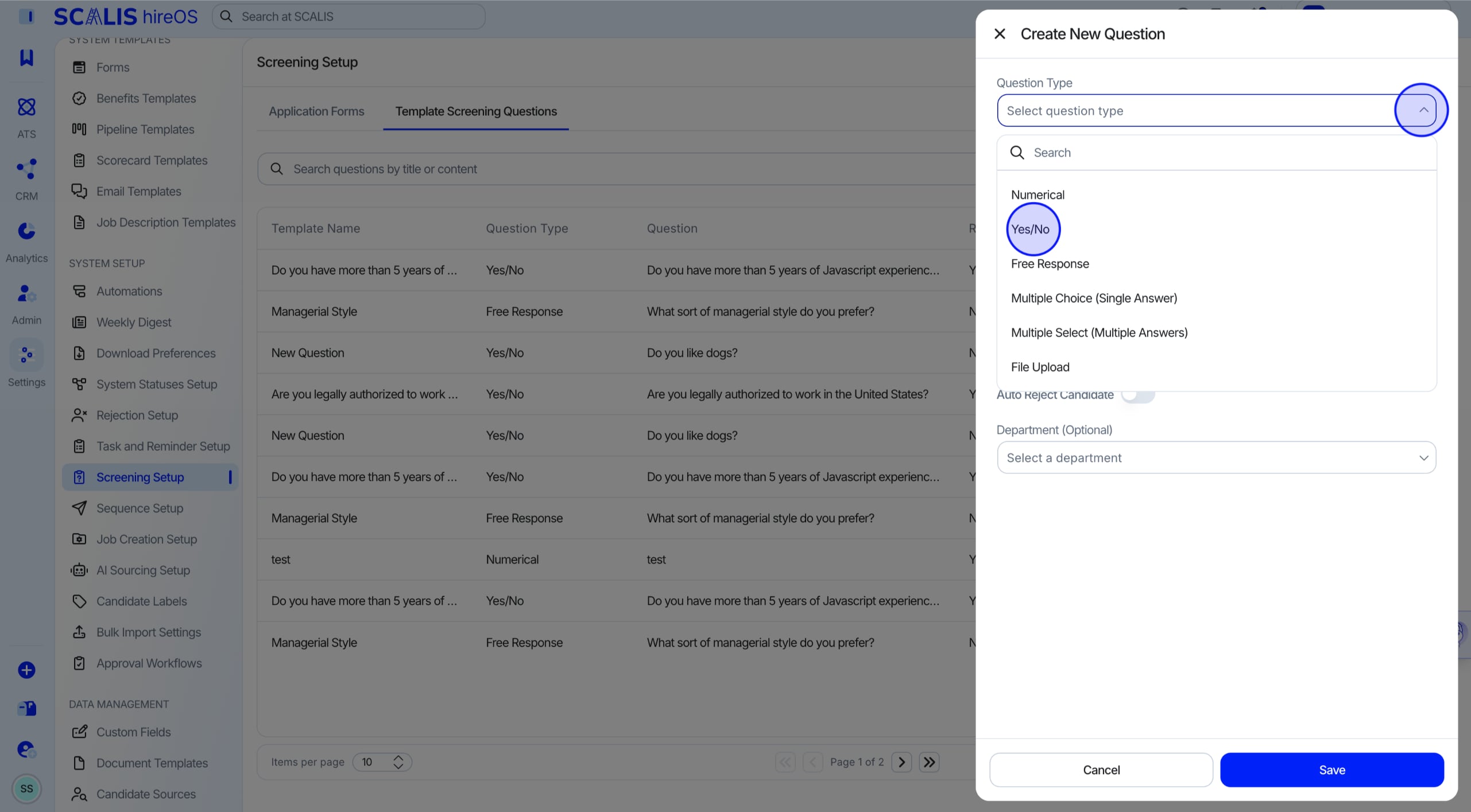 Question type selector showing Yes/No, Multiple Choice, and Multiple Select options