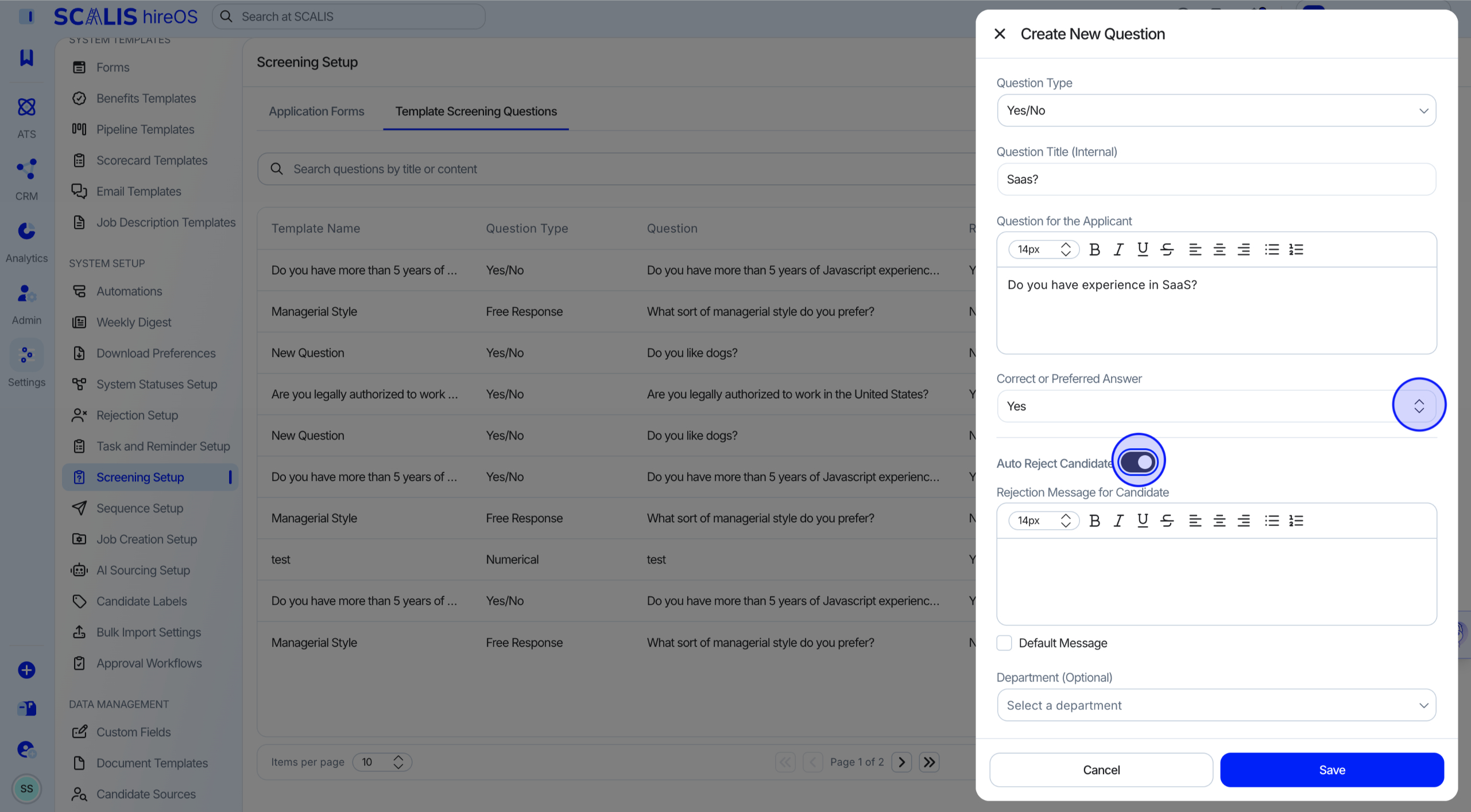 Correct answer selection with auto-reject toggle