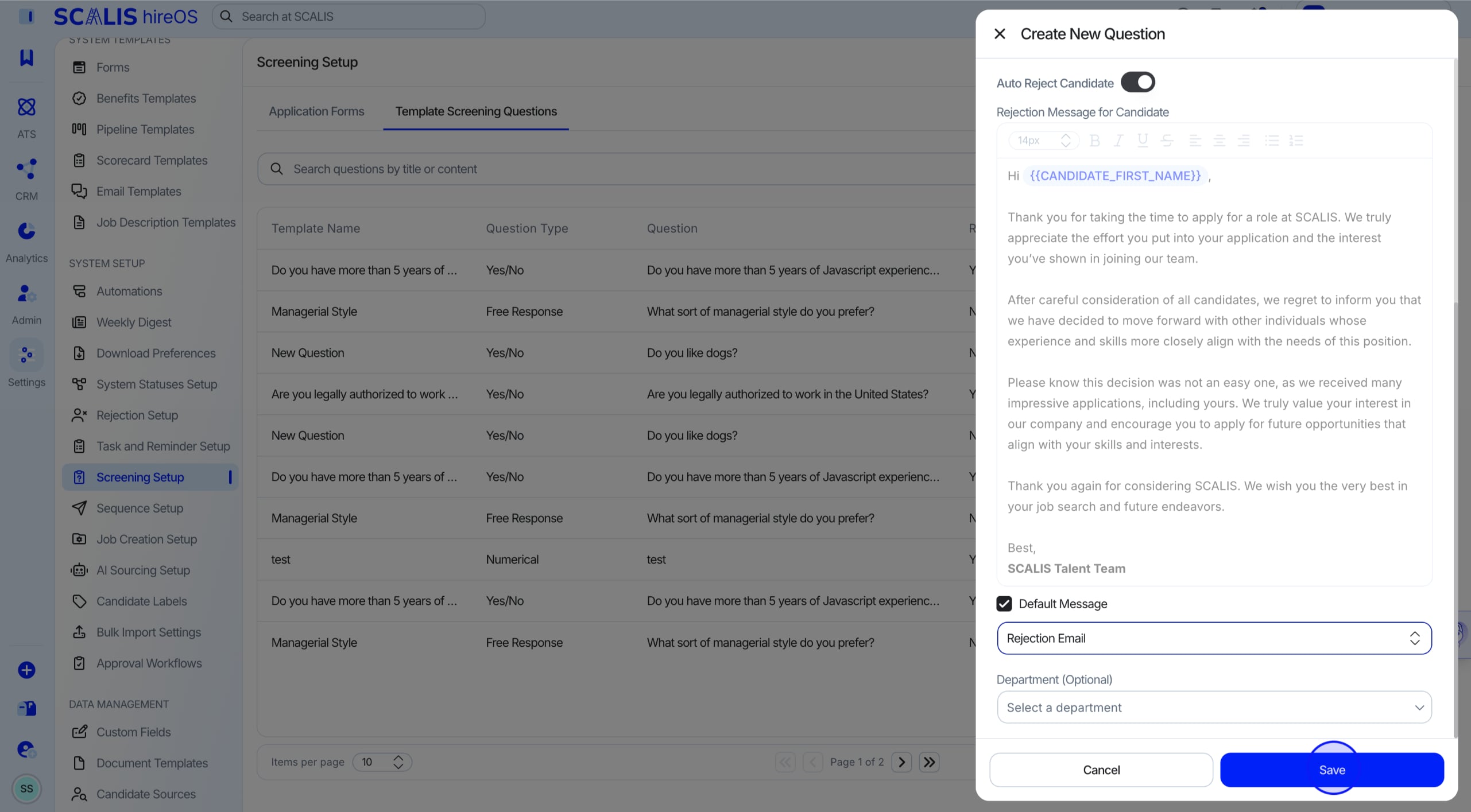 Saving the template screening question