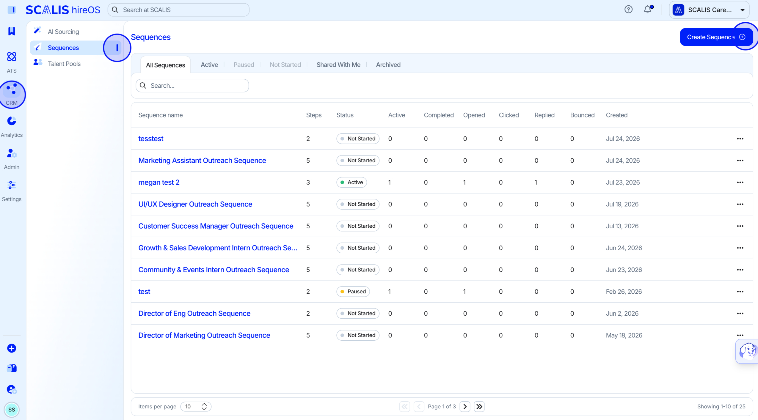 Sequences dashboard with the Create Sequence button highlighted.