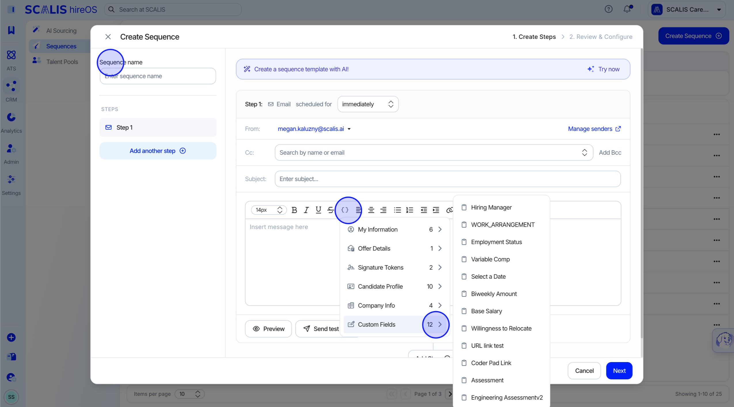 Subject and message fields for a sequence step.