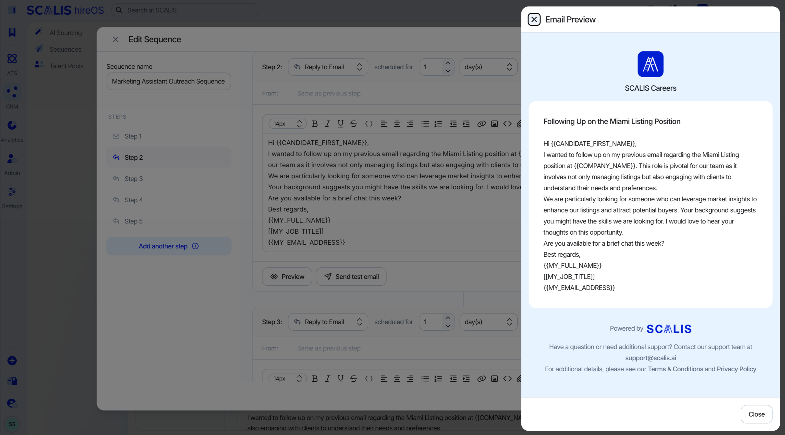 The Preview and Send Test Email buttons on a sequence step.