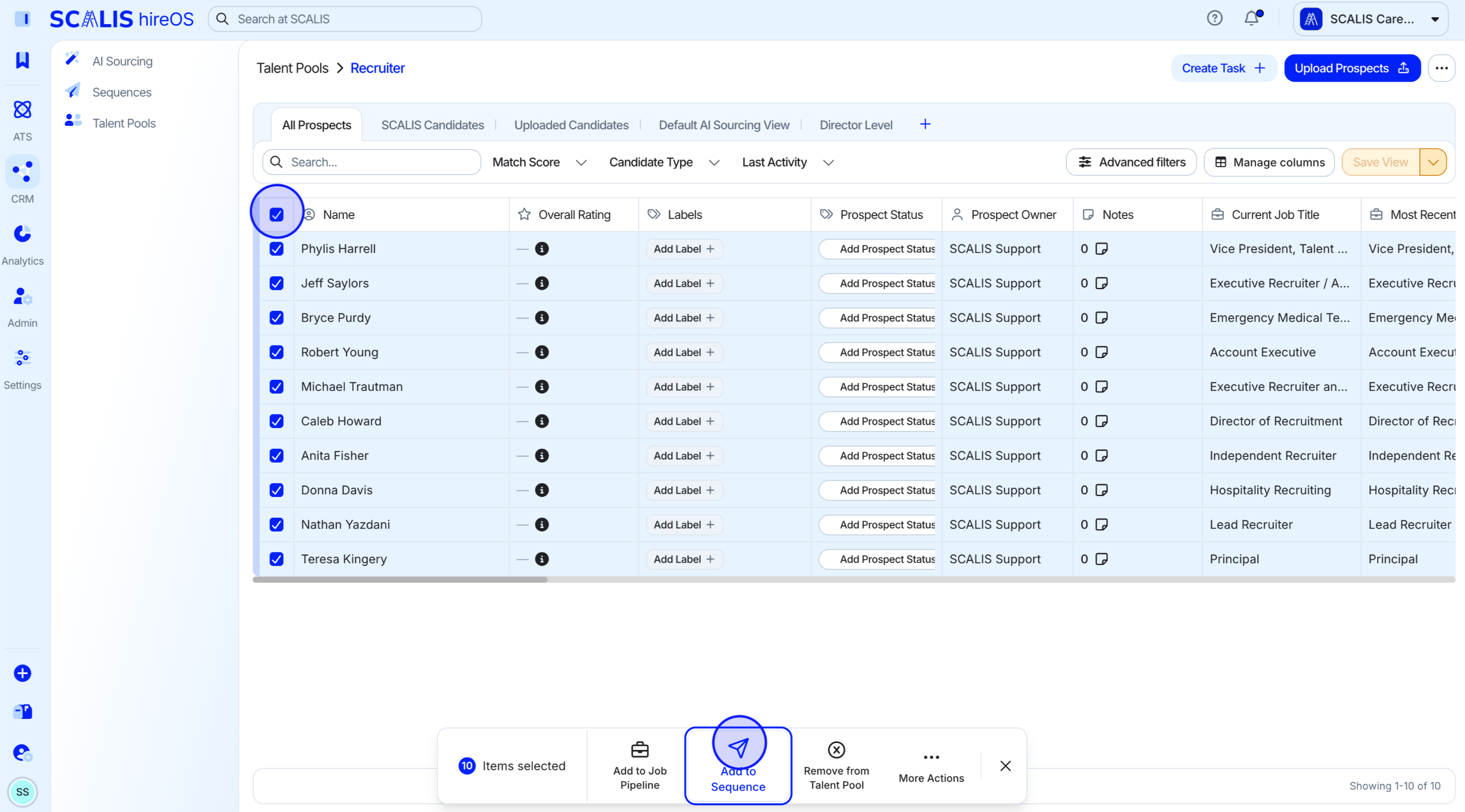 A candidate profile with the three dots menu open, showing the Add to Sequence option.