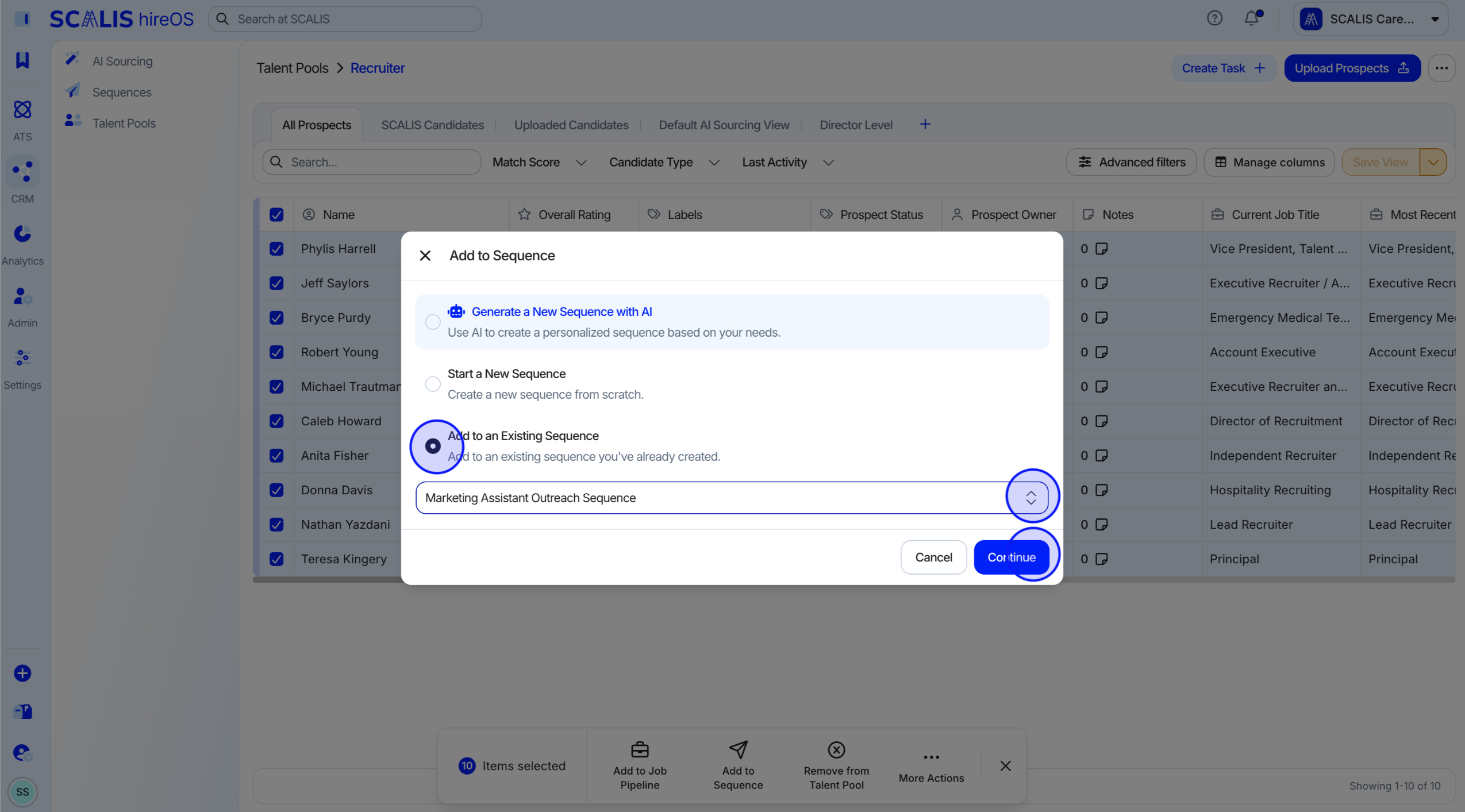 The Add to Existing Sequence selection screen with a sequence chosen.