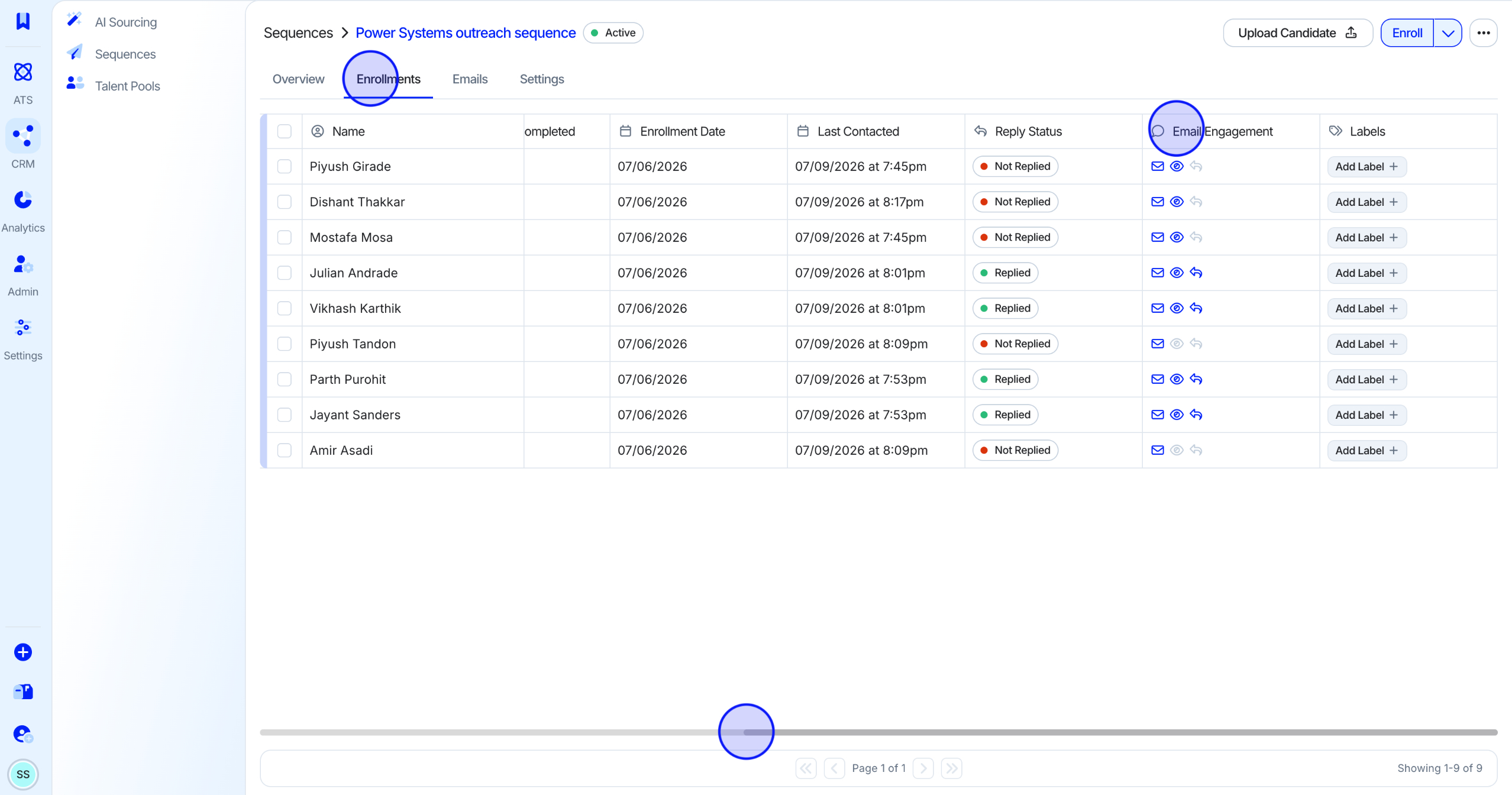 The Enrollments view for a sequence, showing enrolled candidates and their email engagement.
