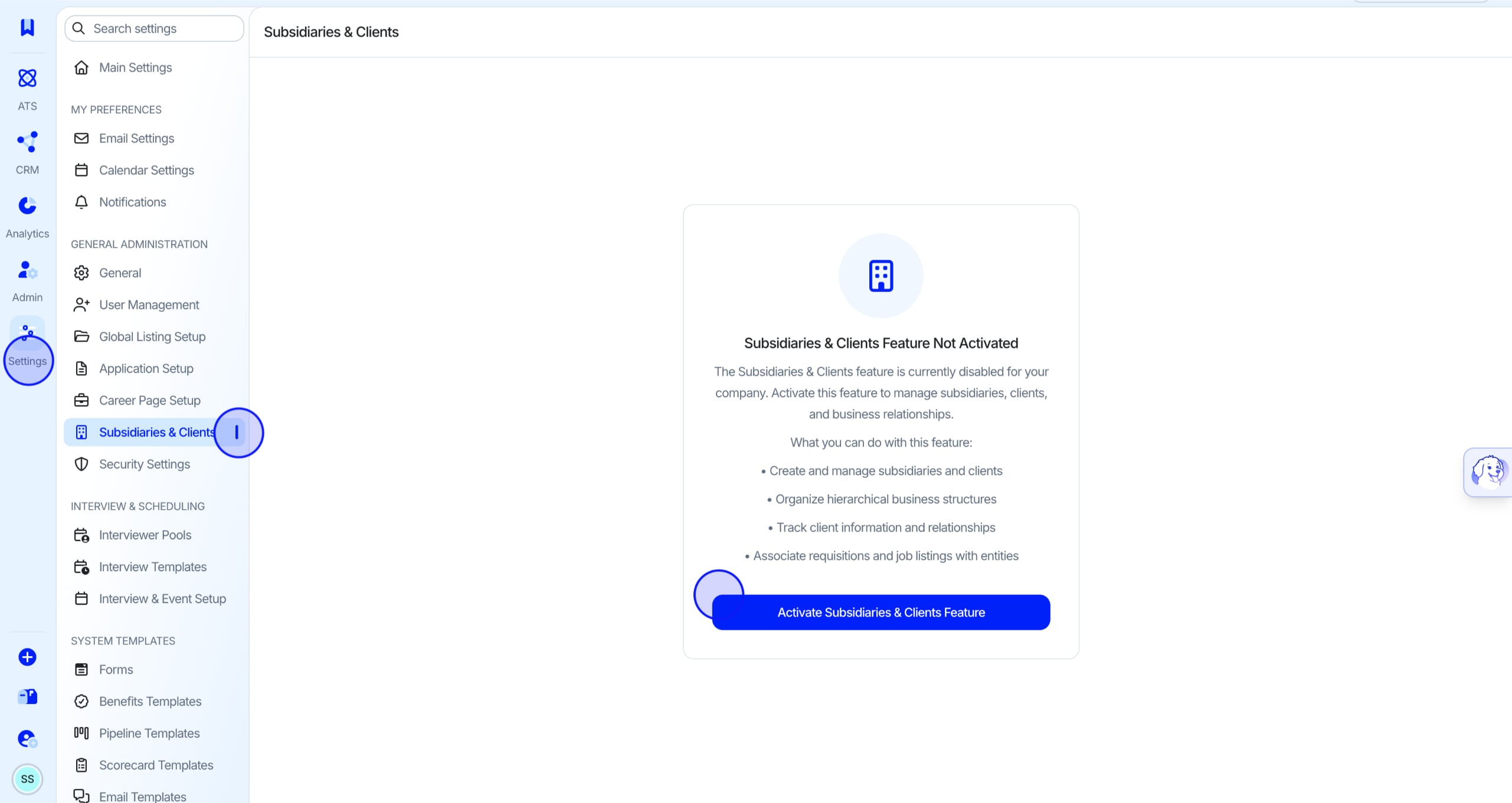 Activating the Subsidiaries & Clients feature in Company Settings
