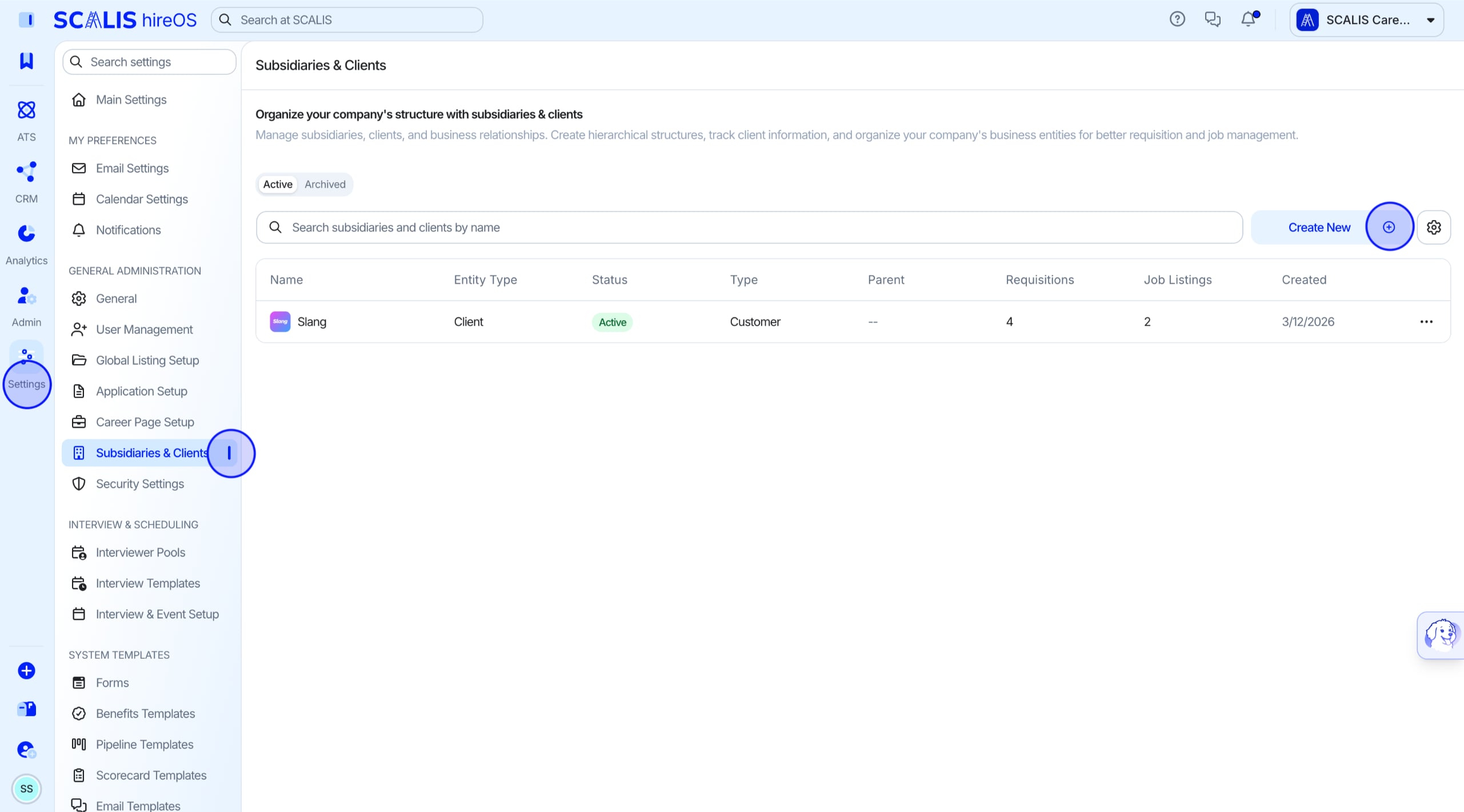 Clicking Create New to start a new subsidiary or client