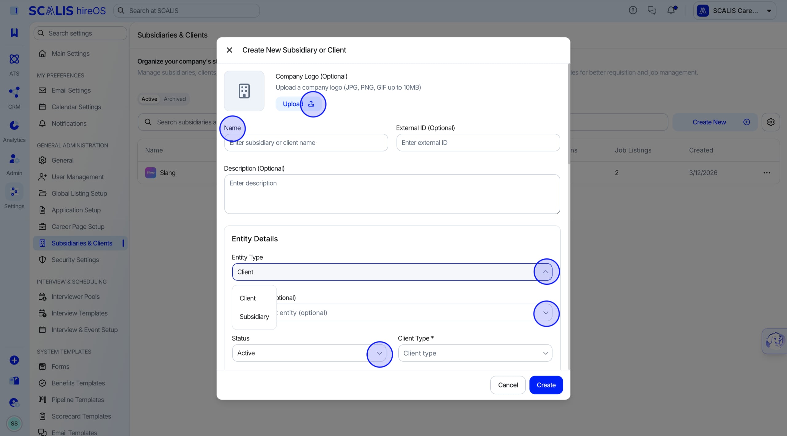 Adding entity details: name, entity type, and status