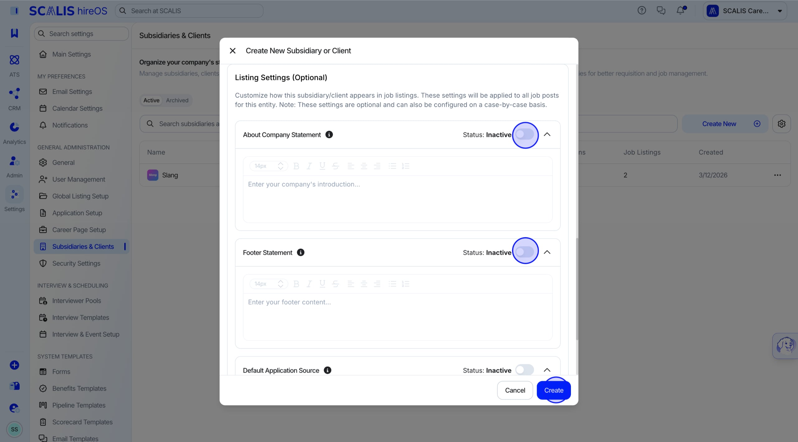 Adding the about statement, footer statement, and default application source