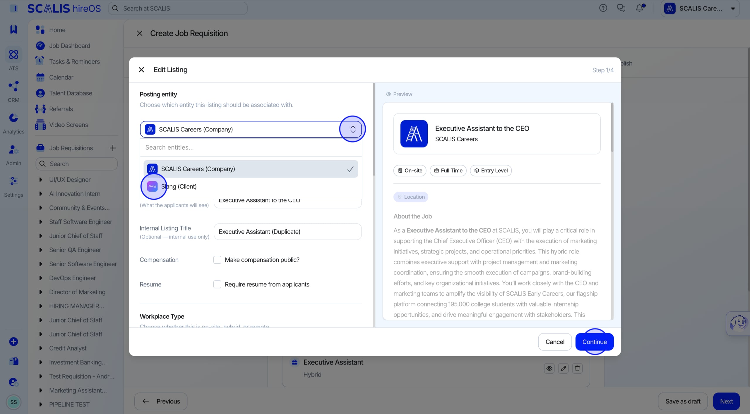 Selecting the entity for the job listing
