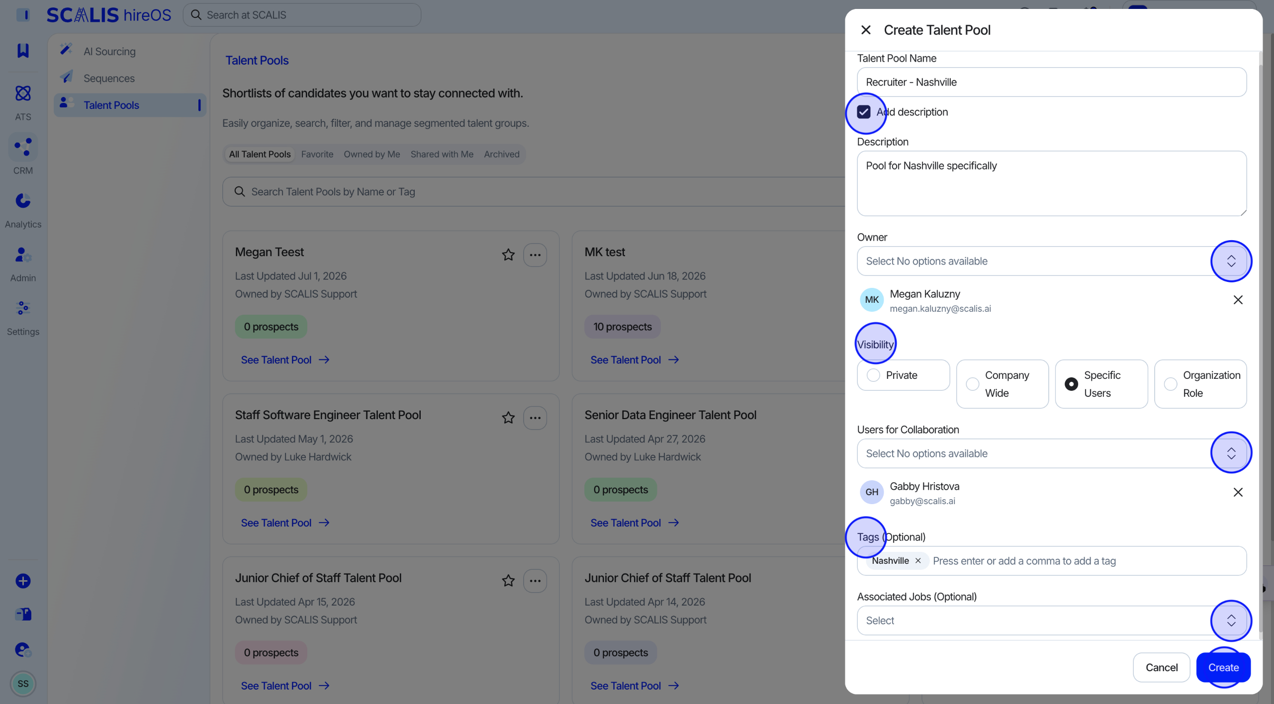Talent Pool form showing name, description, owner, visibility, collaboration, tags, and associated jobs fields
